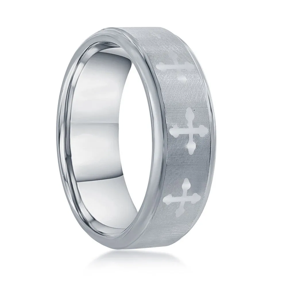 Brushed & Polished Cross Tungsten Ring