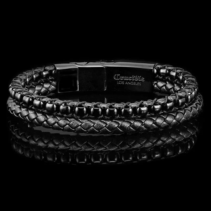 Crucible Los Angeles Black Polished Stainless Steel Black Leather and Box Chain Bracelet