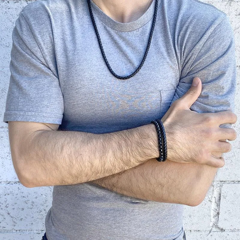 Crucible Los Angeles Black Polished Stainless Steel Black Leather and Box Chain Bracelet