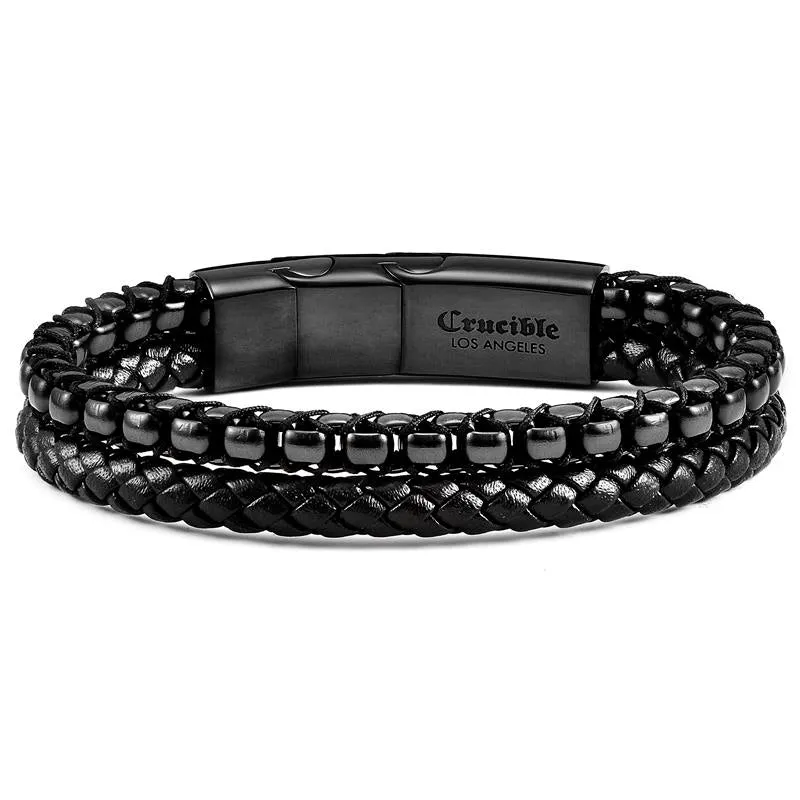 Crucible Los Angeles Black Polished Stainless Steel Black Leather and Box Chain Bracelet