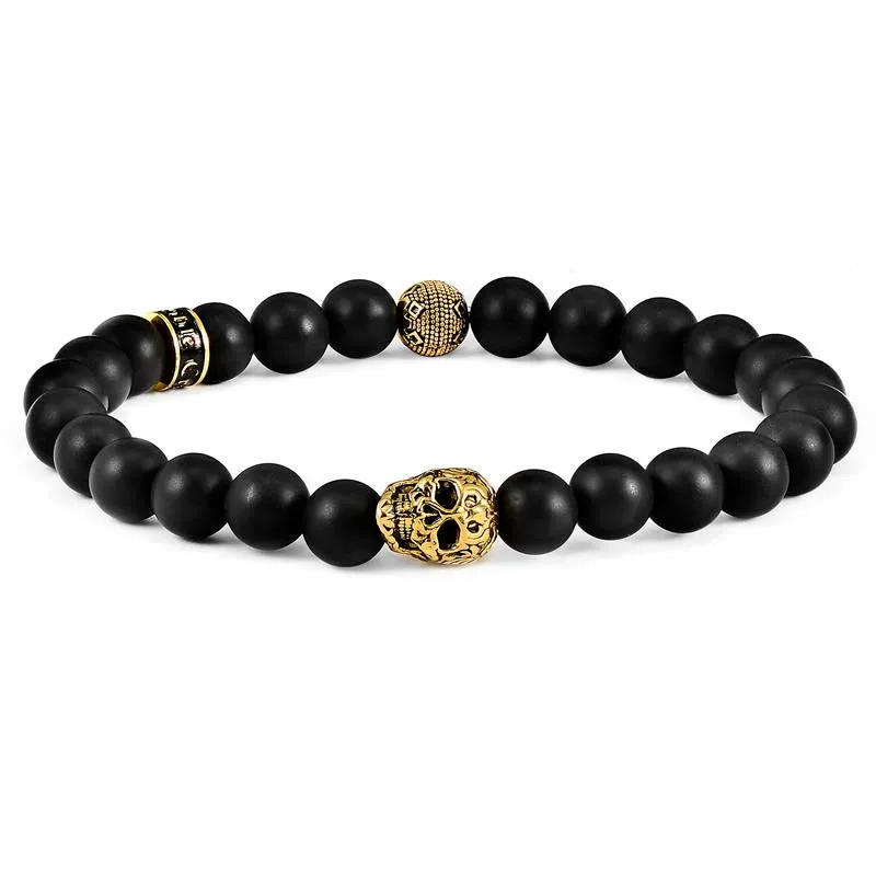 Crucible Los Angeles Single Skull Stretch Bracelet with 8mm Matte Black Onyx Beads