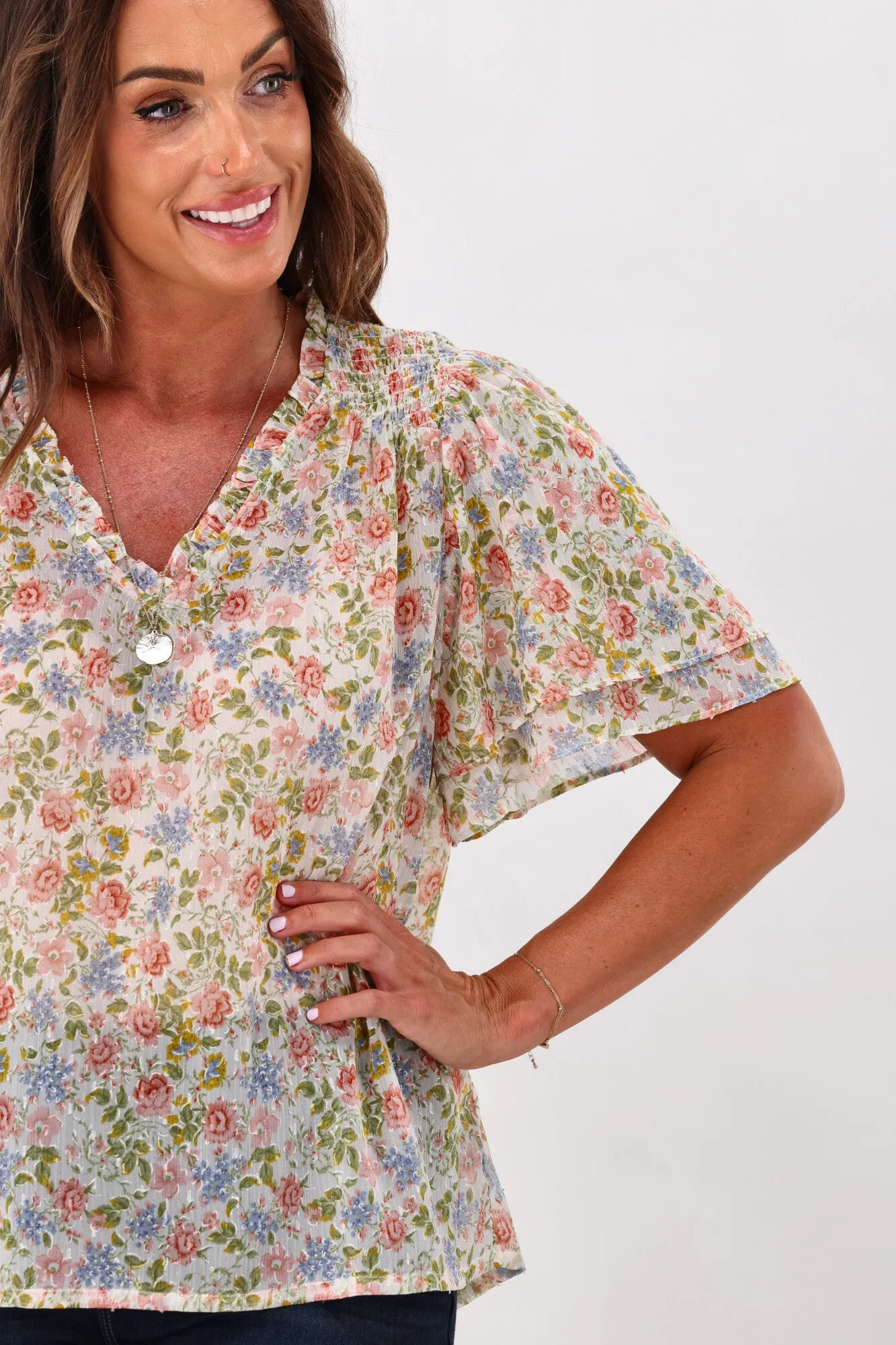 Gloss by Shine On Allie Shirred Detail Top Summer Floral