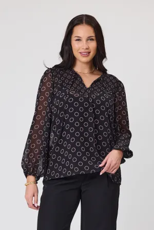 Gloss by Shine On Zara Shirred Neck Top Black Circle Print