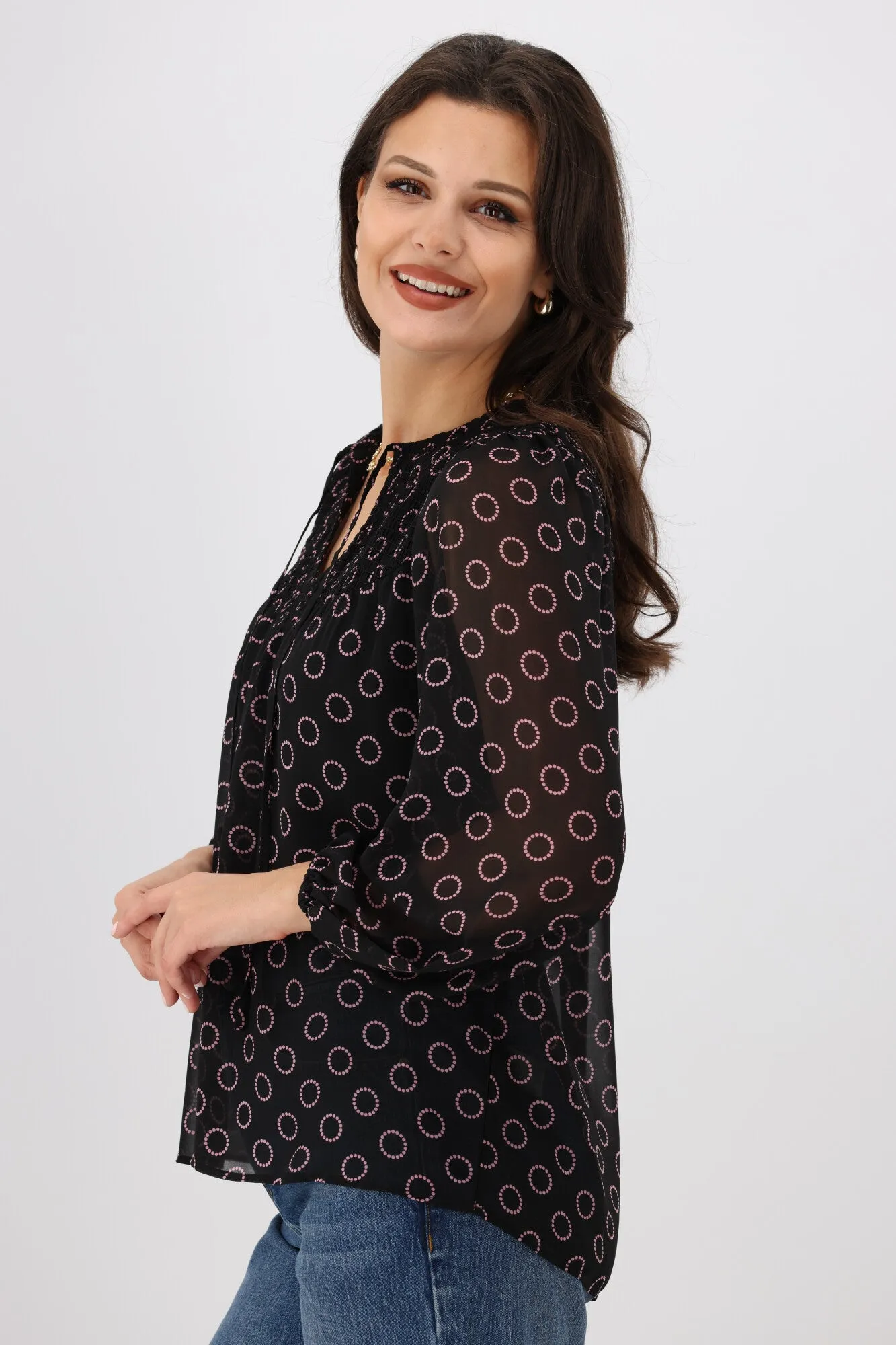 Gloss by Shine On Zara Shirred Neck Top Black Circle Print