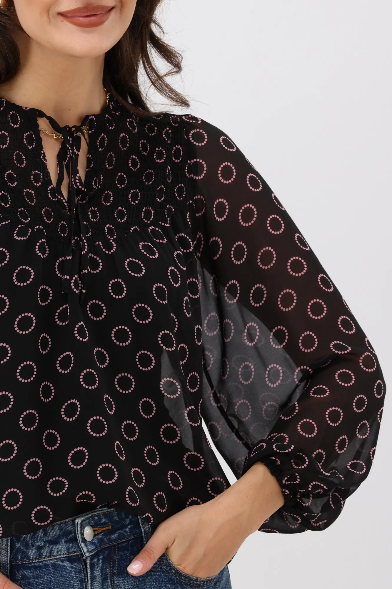 Gloss by Shine On Zara Shirred Neck Top Black Circle Print