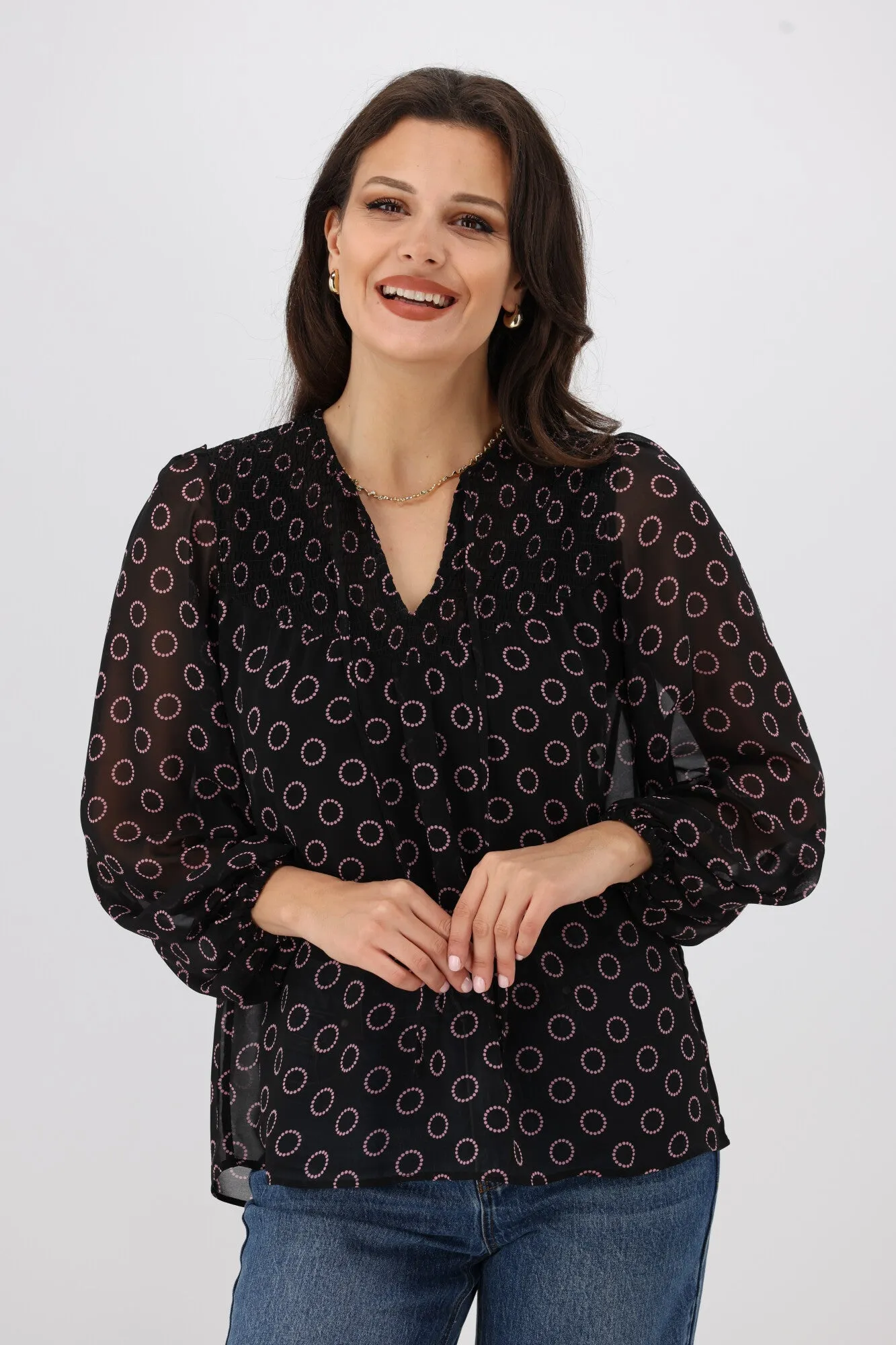 Gloss by Shine On Zara Shirred Neck Top Black Circle Print