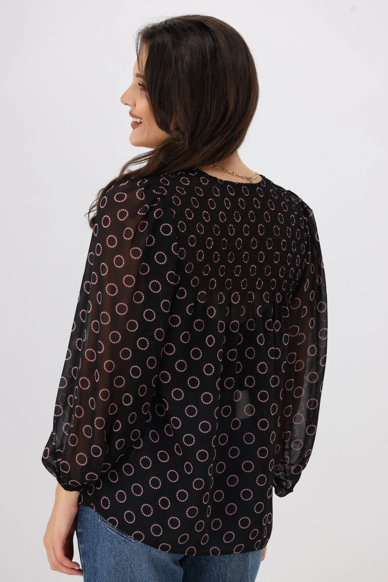 Gloss by Shine On Zara Shirred Neck Top Black Circle Print