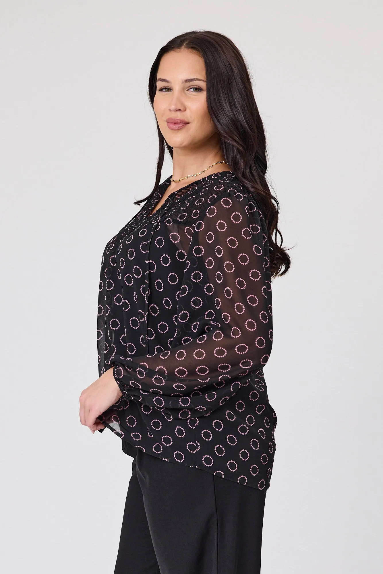 Gloss by Shine On Zara Shirred Neck Top Black Circle Print
