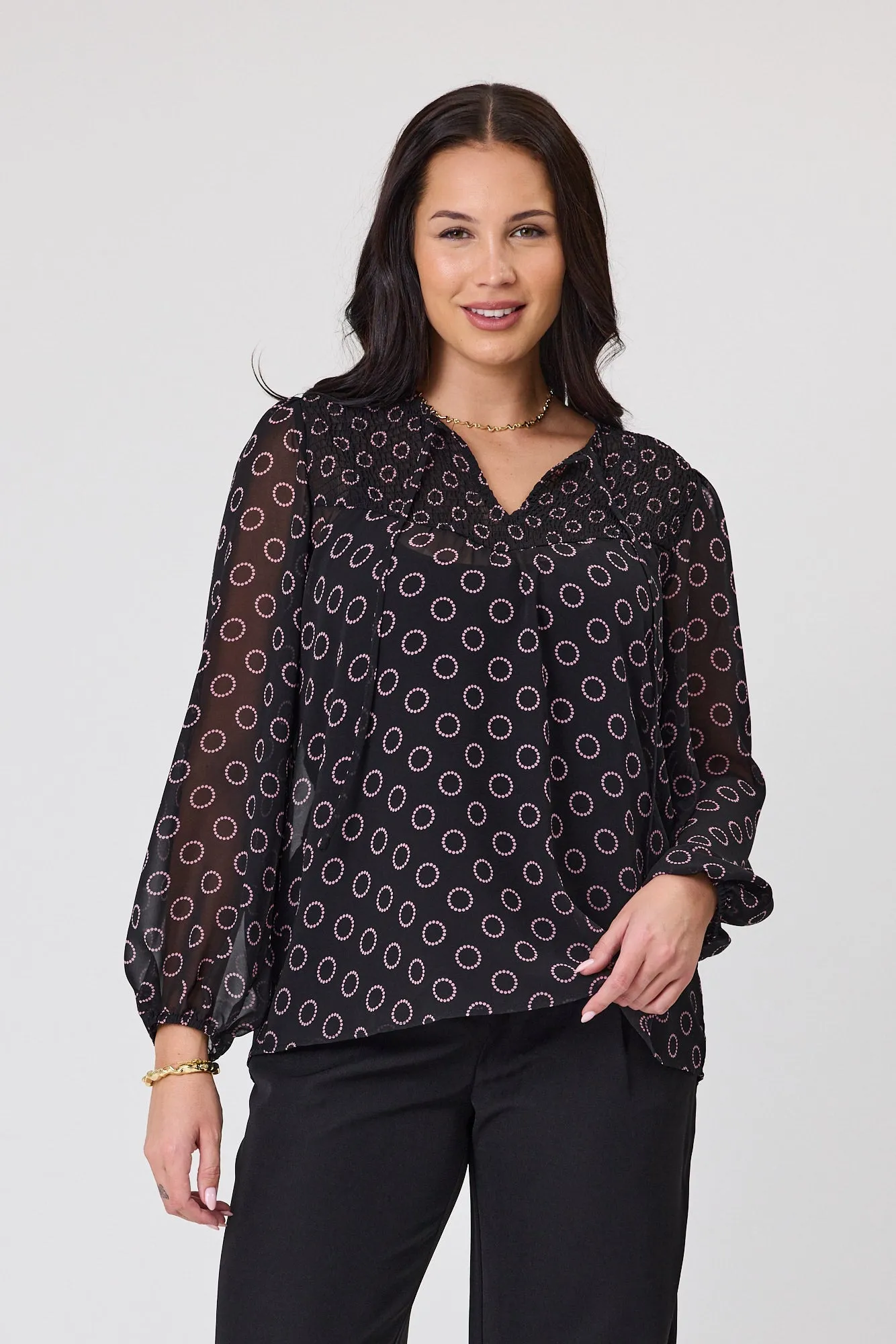 Gloss by Shine On Zara Shirred Neck Top Black Circle Print