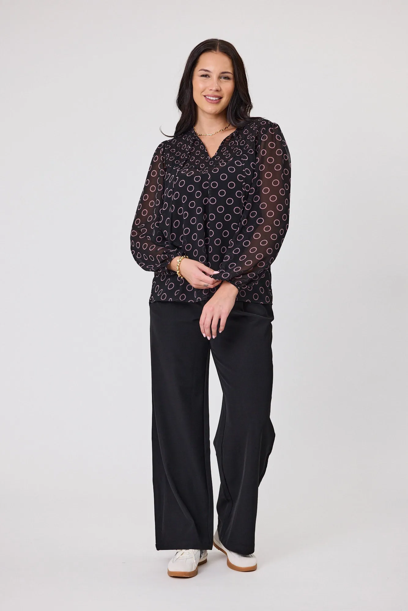 Gloss by Shine On Zara Shirred Neck Top Black Circle Print