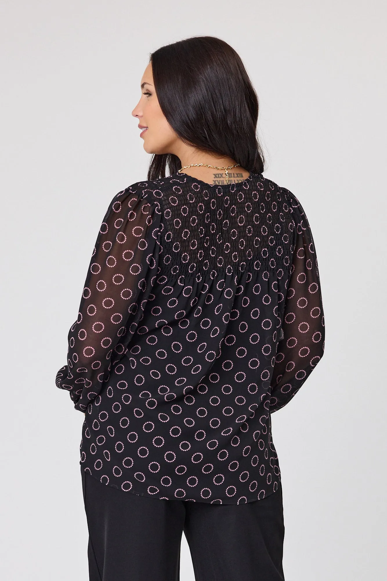Gloss by Shine On Zara Shirred Neck Top Black Circle Print