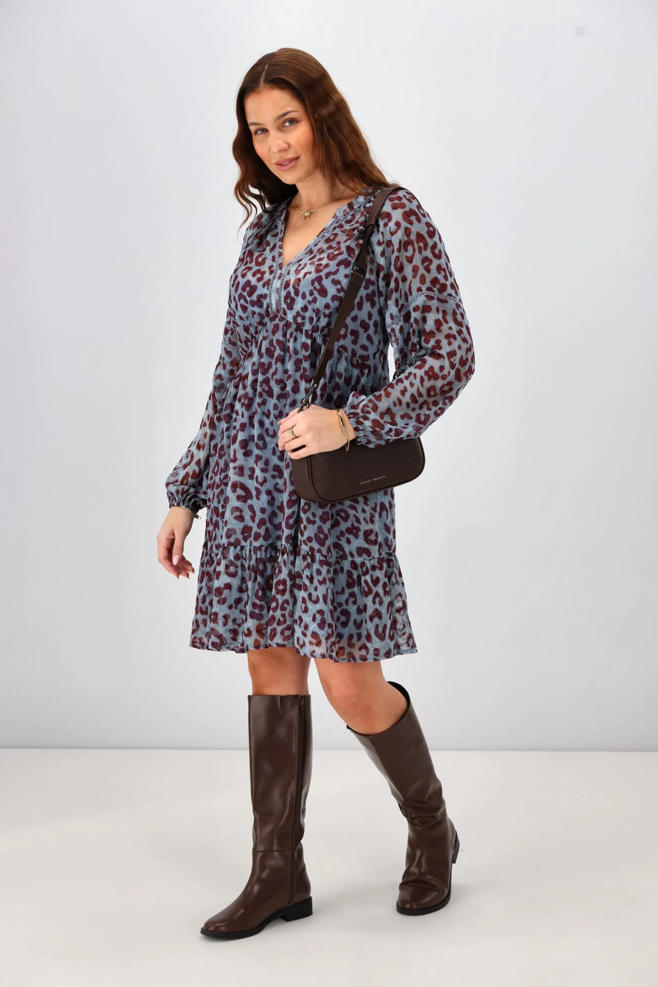 Gloss The Label Anais Empire Line Dress Blue Animal Print