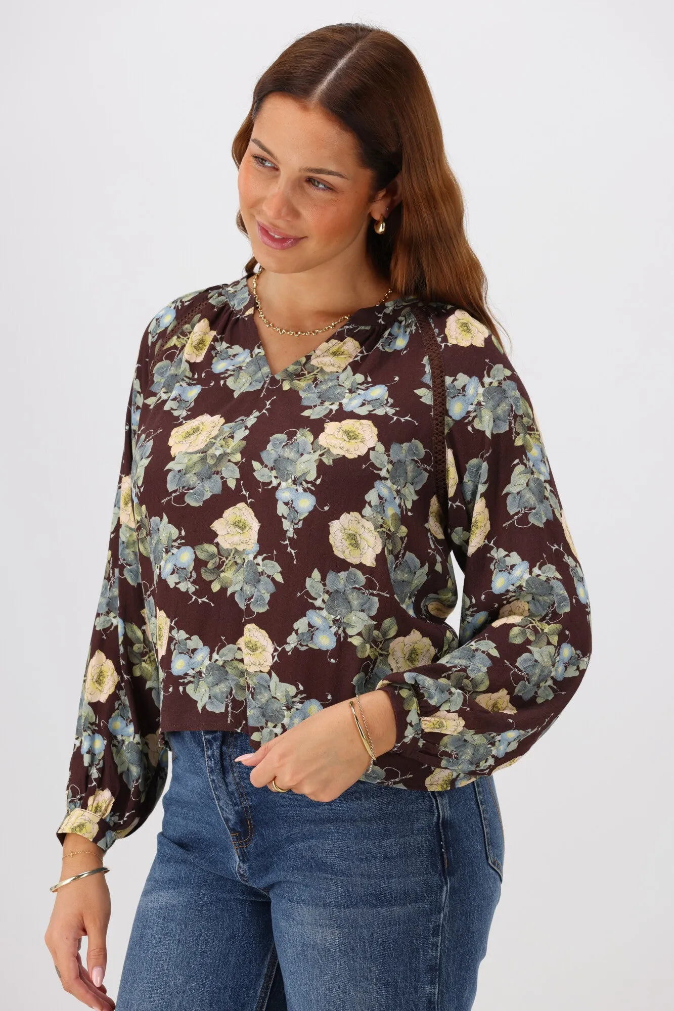 Gloss The Label Timiana Lace Trim Top Chocolate Floral