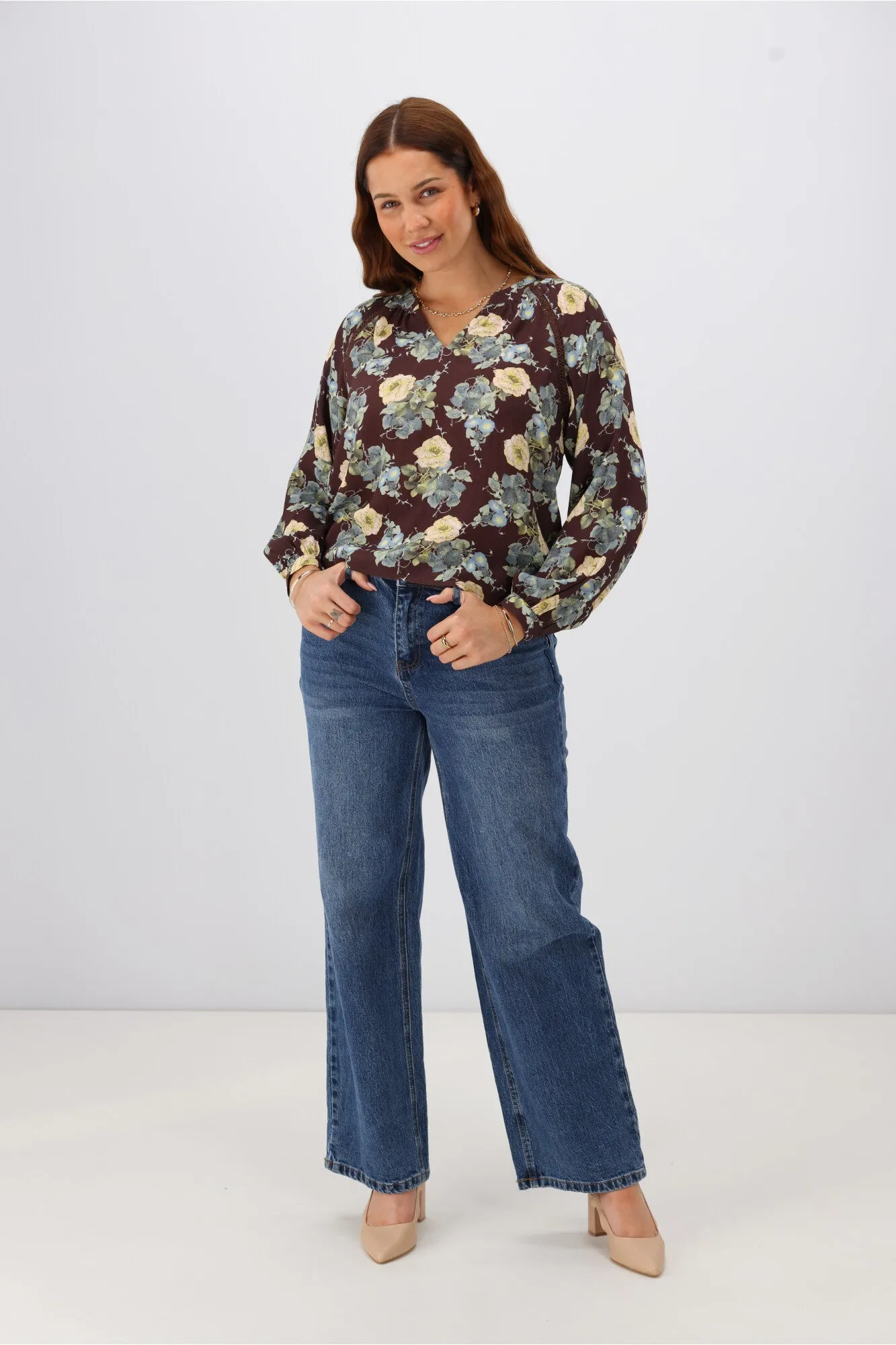 Gloss The Label Timiana Lace Trim Top Chocolate Floral