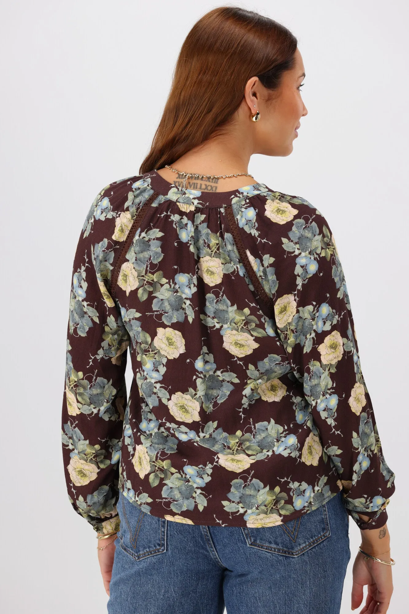 Gloss The Label Timiana Lace Trim Top Chocolate Floral