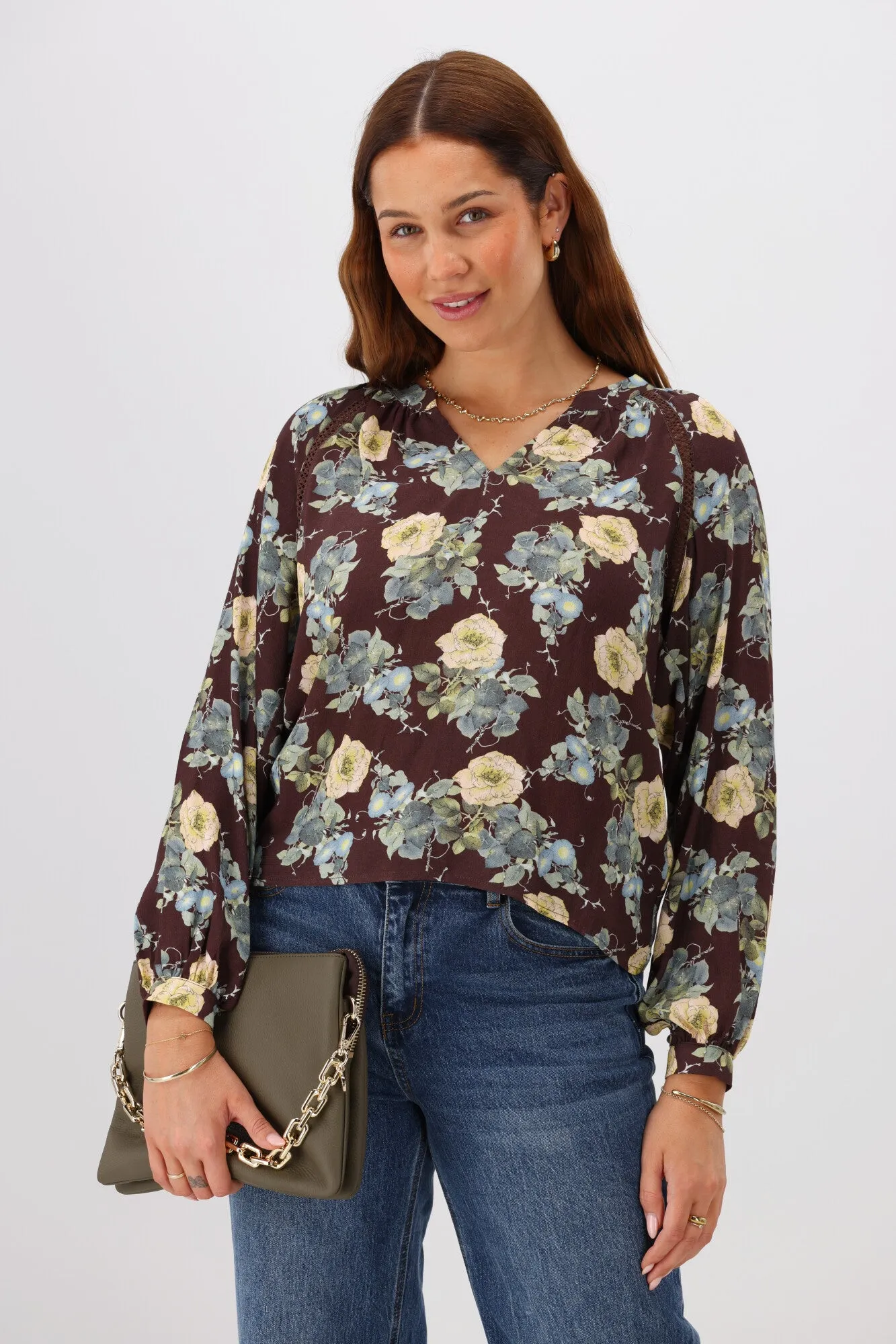 Gloss The Label Timiana Lace Trim Top Chocolate Floral