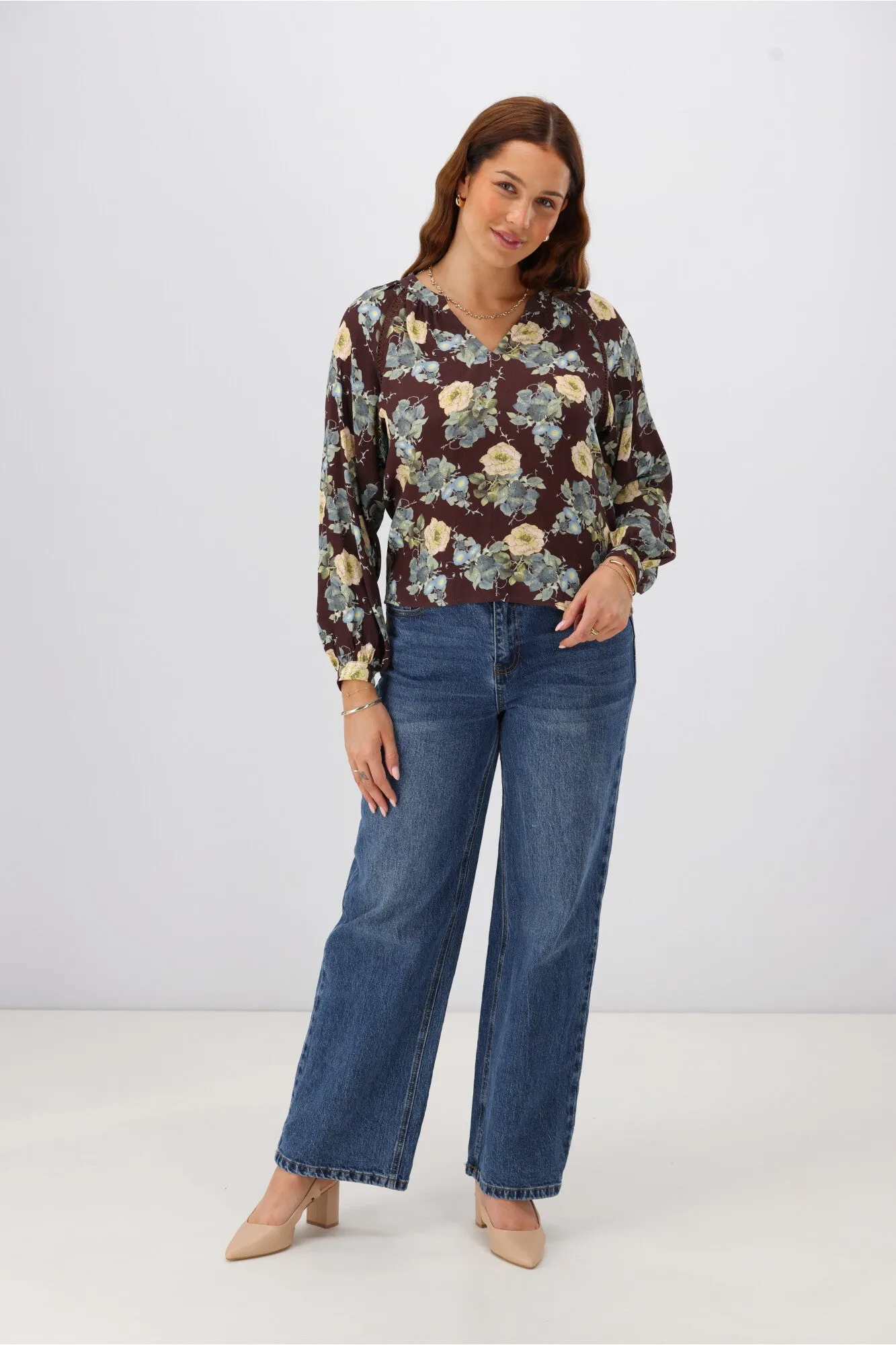 Gloss The Label Timiana Lace Trim Top Chocolate Floral