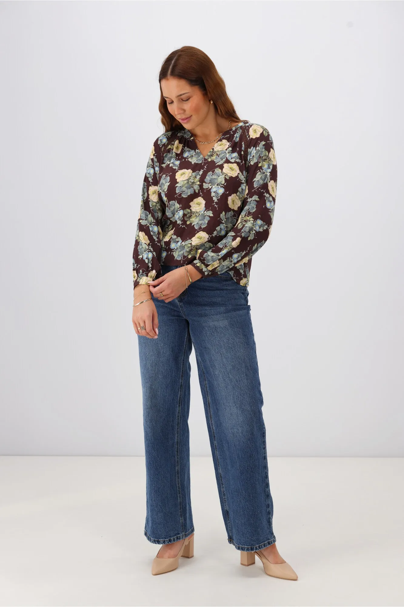 Gloss The Label Timiana Lace Trim Top Chocolate Floral