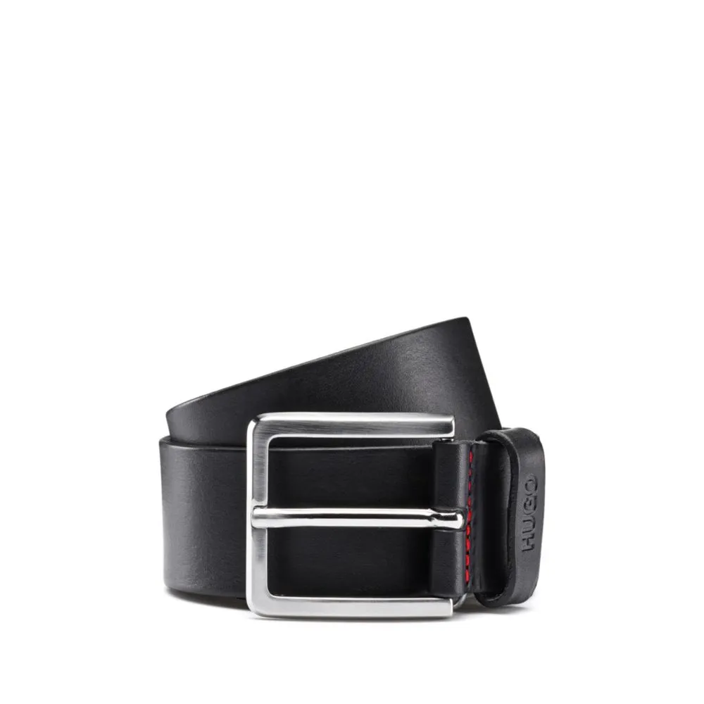 Grainy embossed-leather belt with brushed metal hardware