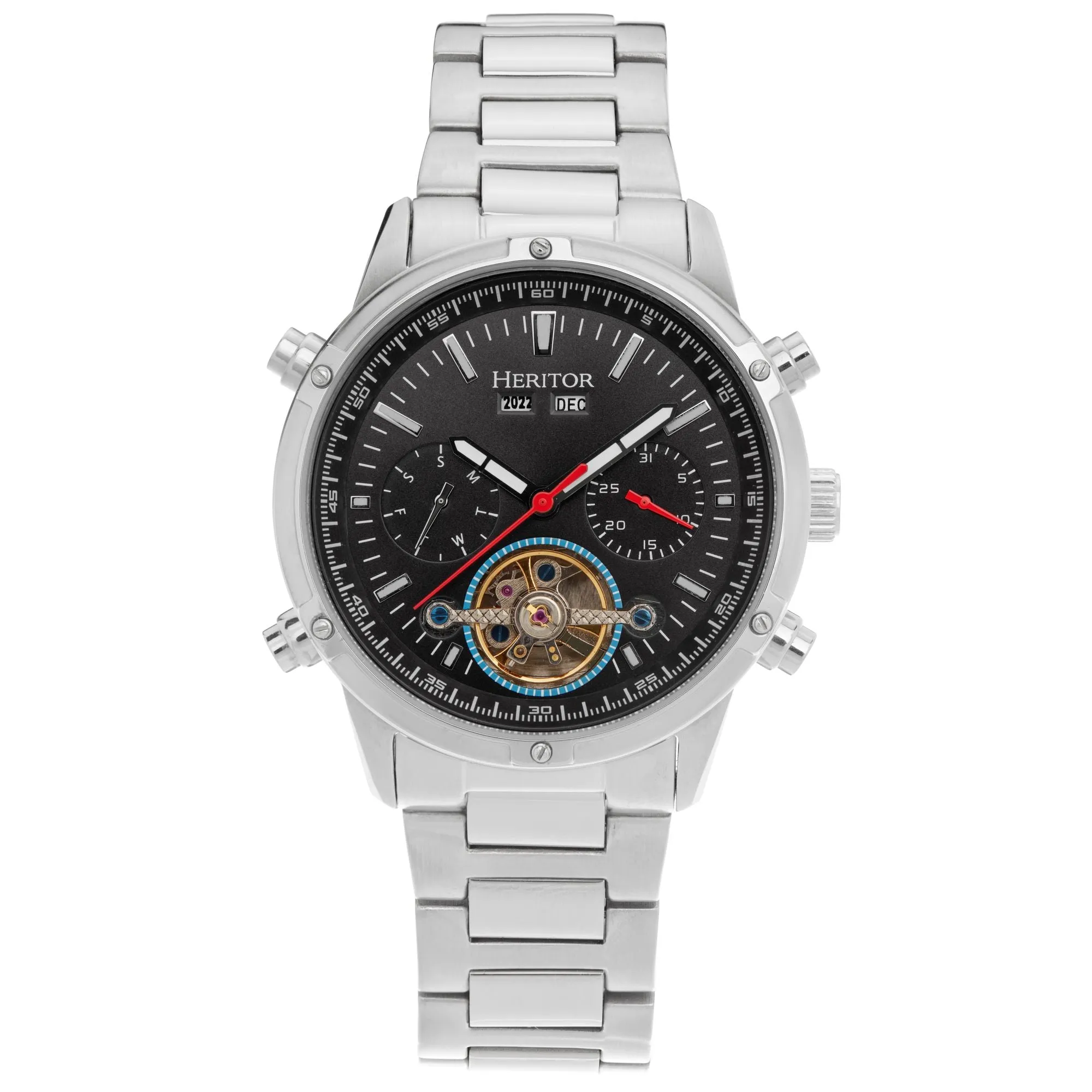 Heritor Automatic Wilhelm Semi-Skeleton Bracelet Watch w/Day/Date - Silver/Black