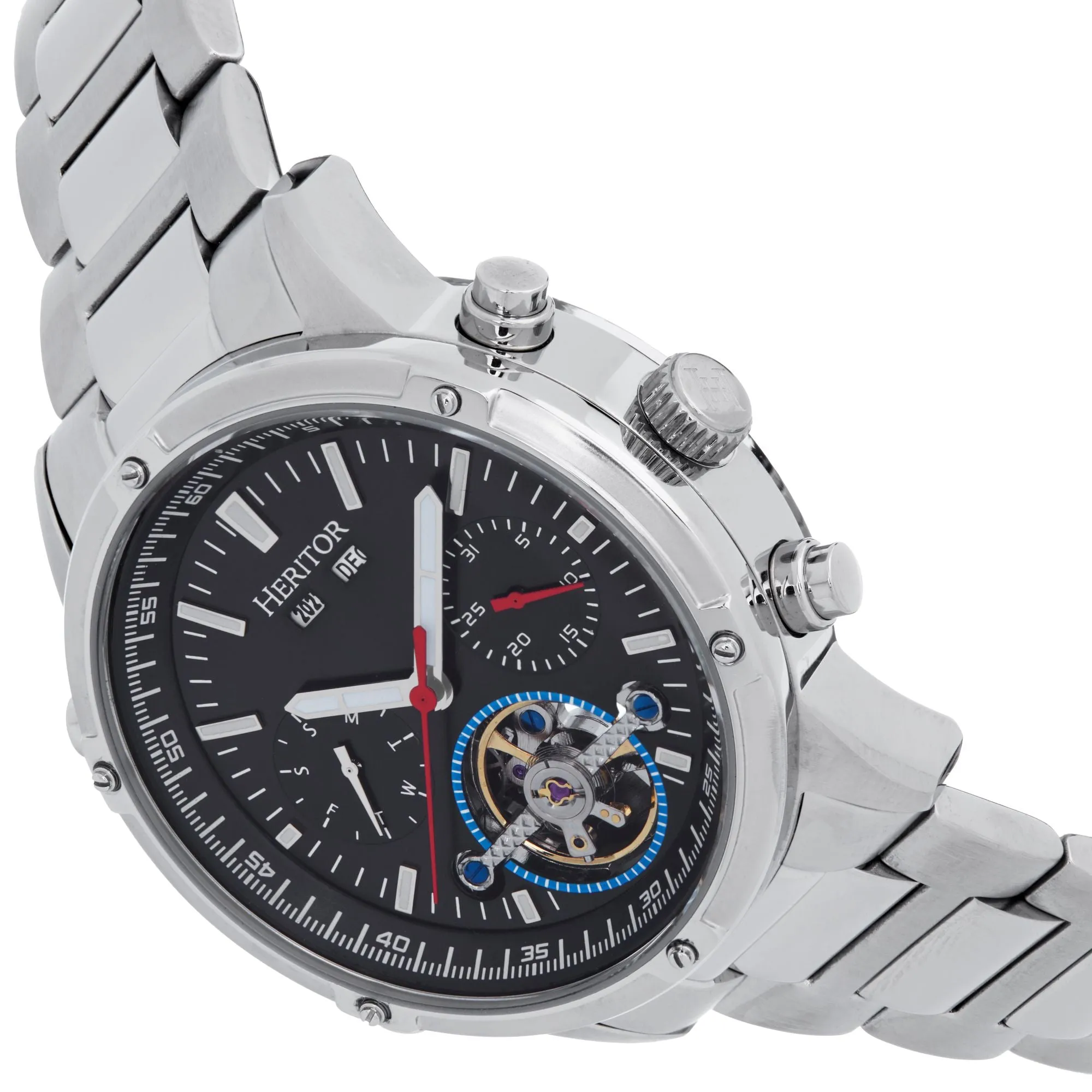 Heritor Automatic Wilhelm Semi-Skeleton Bracelet Watch w/Day/Date - Silver/Black