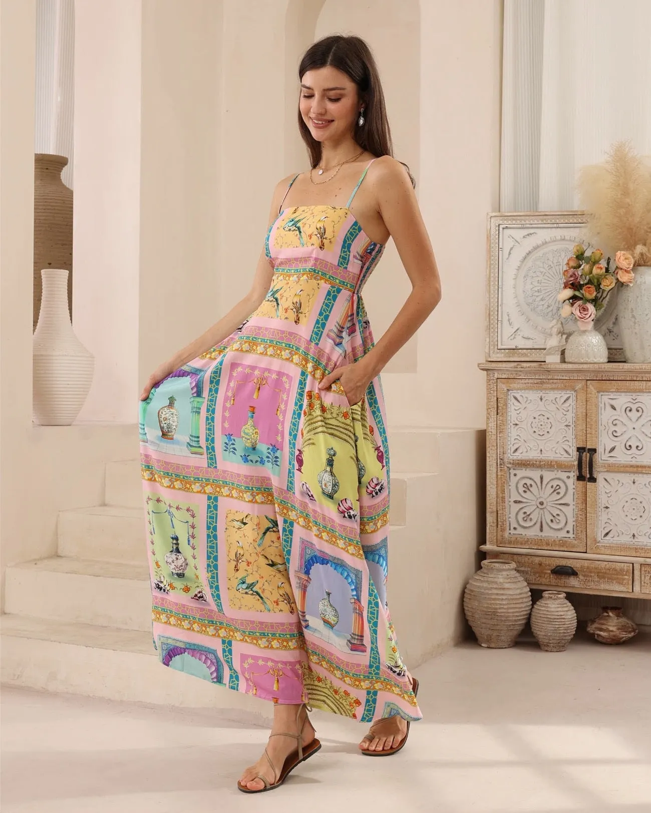 Iris Maxi Collette Maxi Dress Square Neckline Pockets Spaghetti Strap - Eulalie