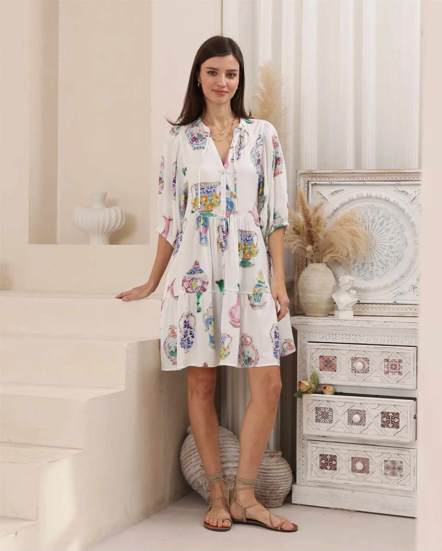 Iris Maxi Emma Mini Dress with V Neck Buttons Pockets - Athena
