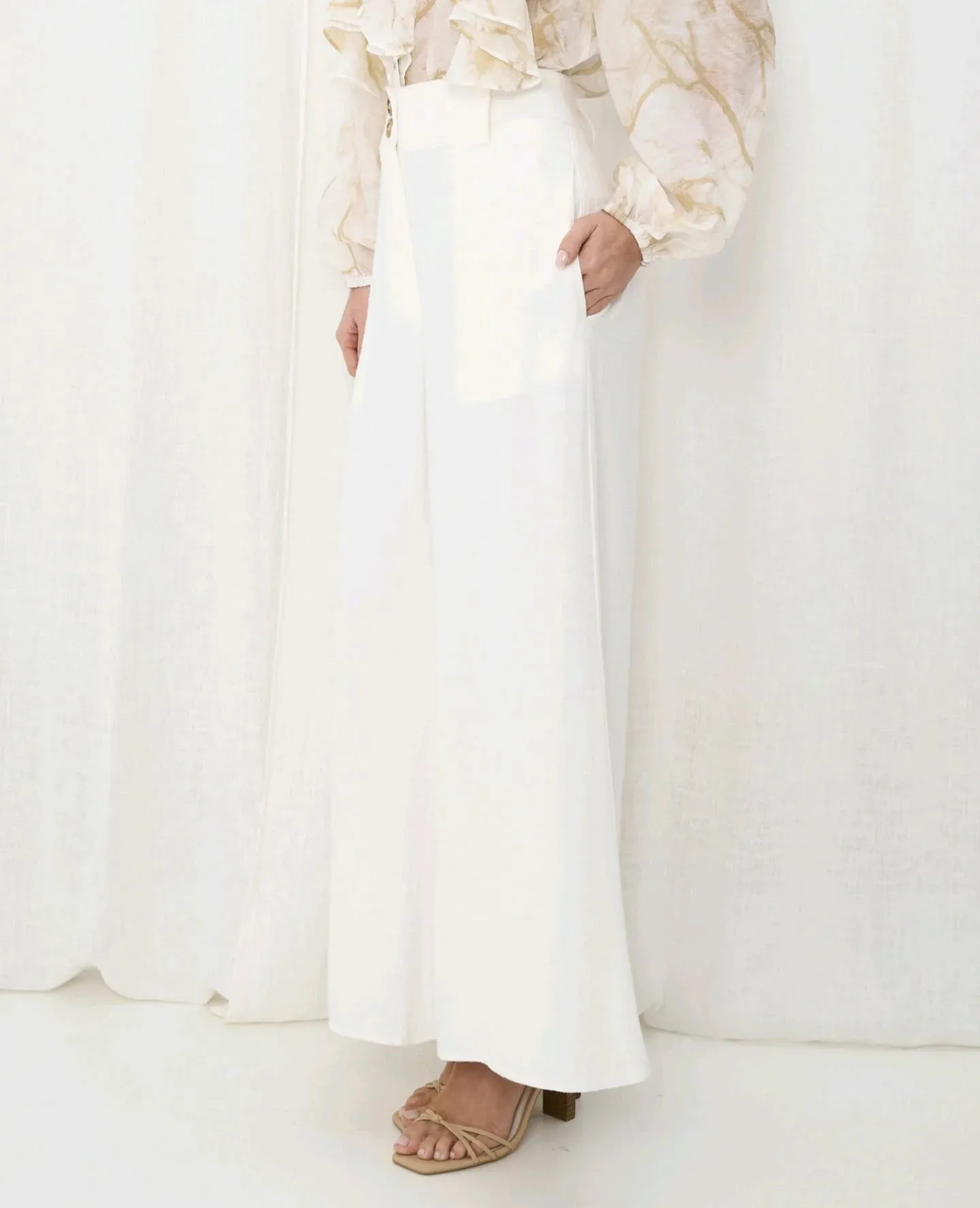 Iris Maxi Joplin Silk Linen Pants with Wide Leg Button Zip Closure - Cream White