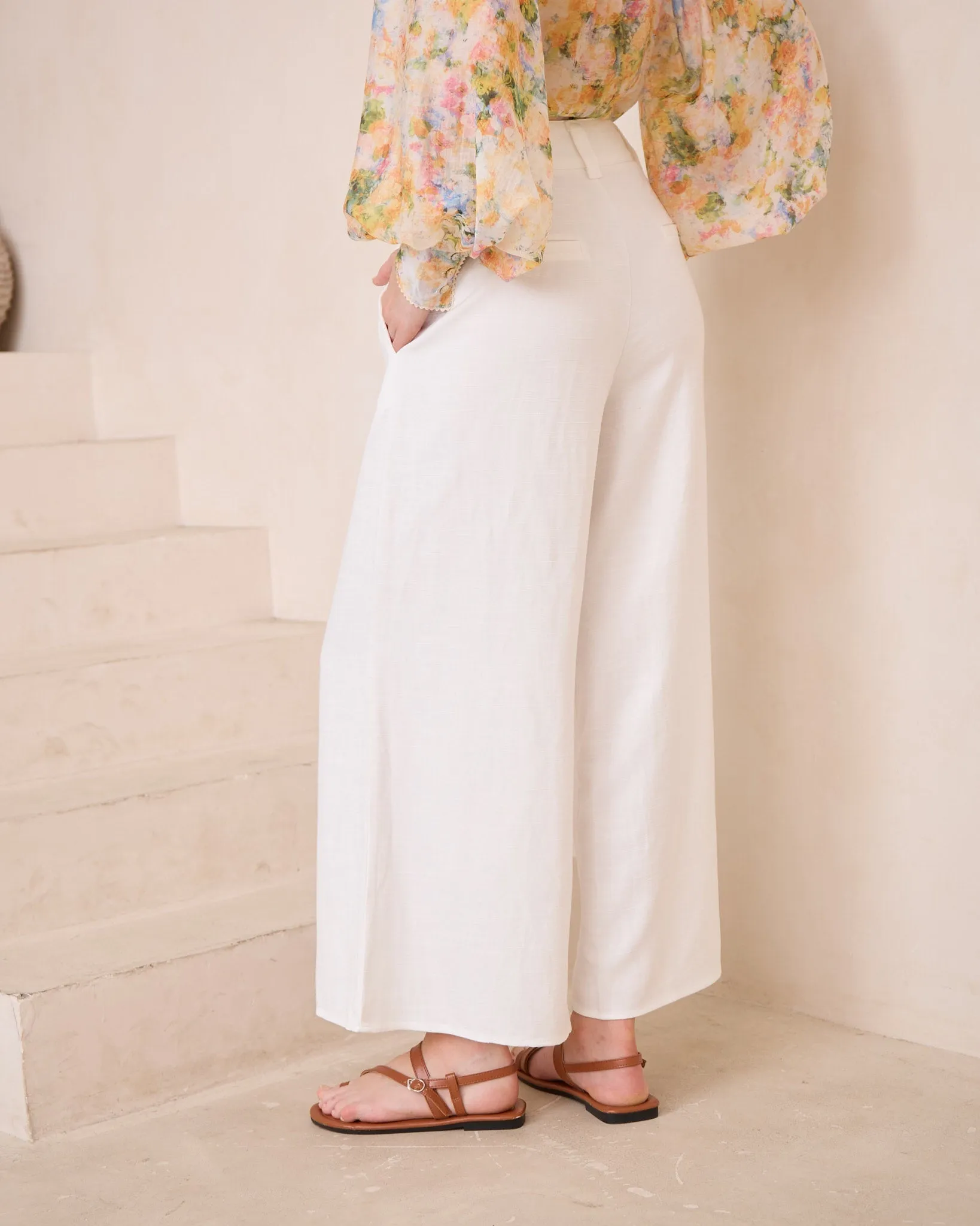 Iris Maxi Joplin Silk Linen Pants with Wide Leg Button Zip Closure - Cream White
