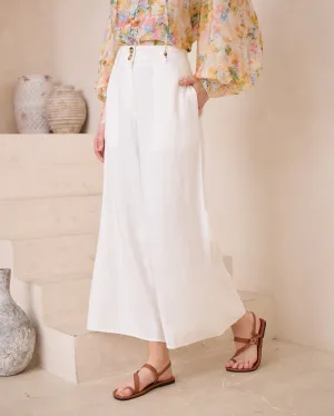 Iris Maxi Joplin Silk Linen Pants with Wide Leg Button Zip Closure - Cream White