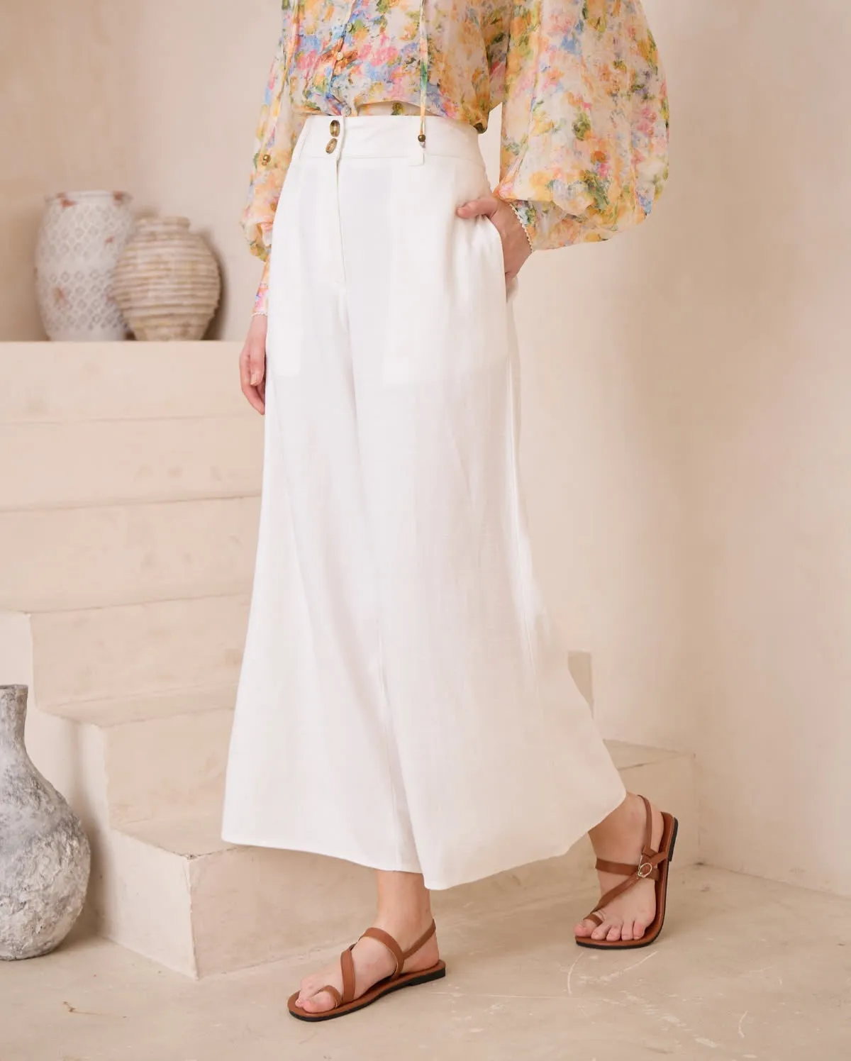 Iris Maxi Joplin Silk Linen Pants with Wide Leg Button Zip Closure - Cream White