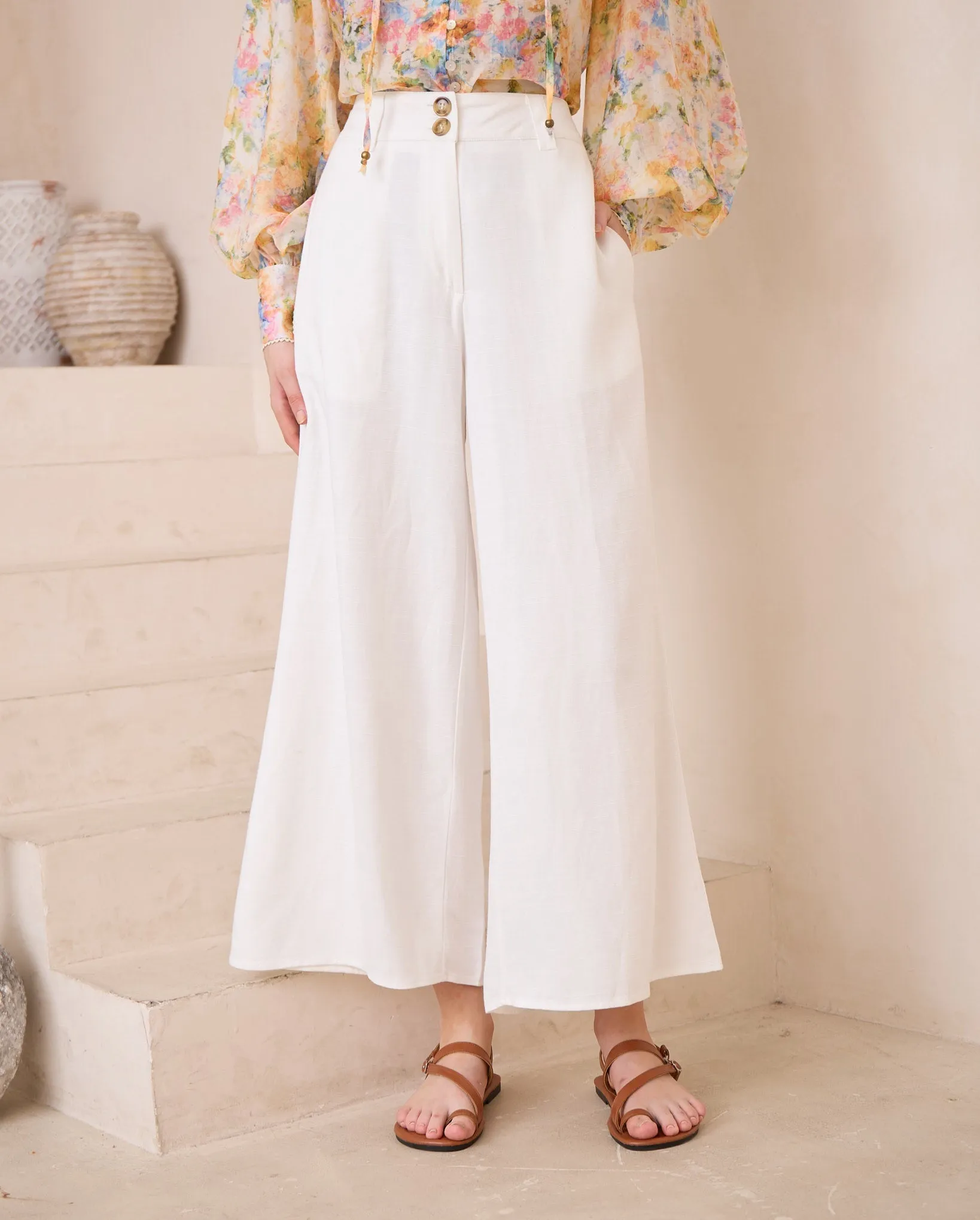 Iris Maxi Joplin Silk Linen Pants with Wide Leg Button Zip Closure - Cream White