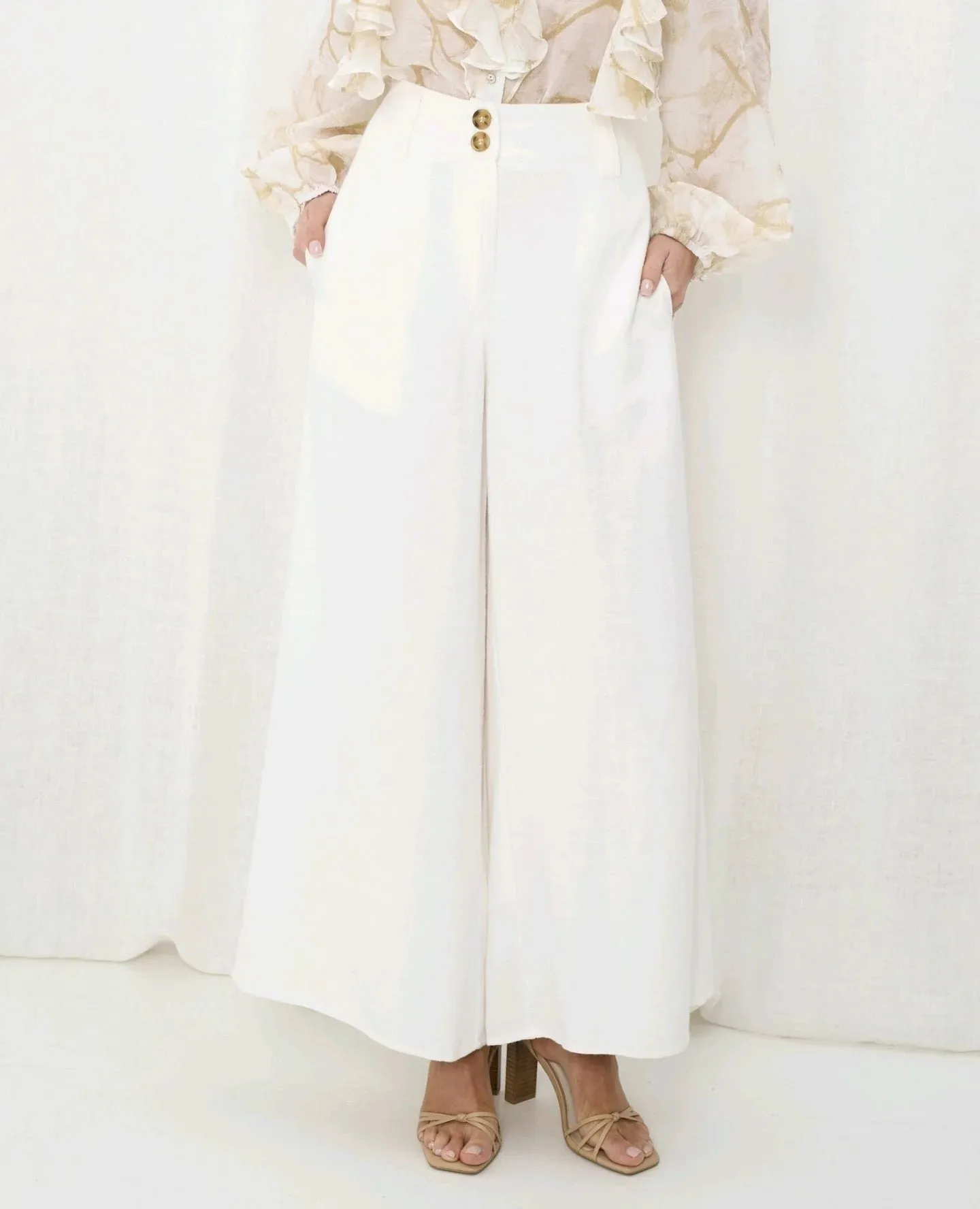 Iris Maxi Joplin Silk Linen Pants with Wide Leg Button Zip Closure - Cream White