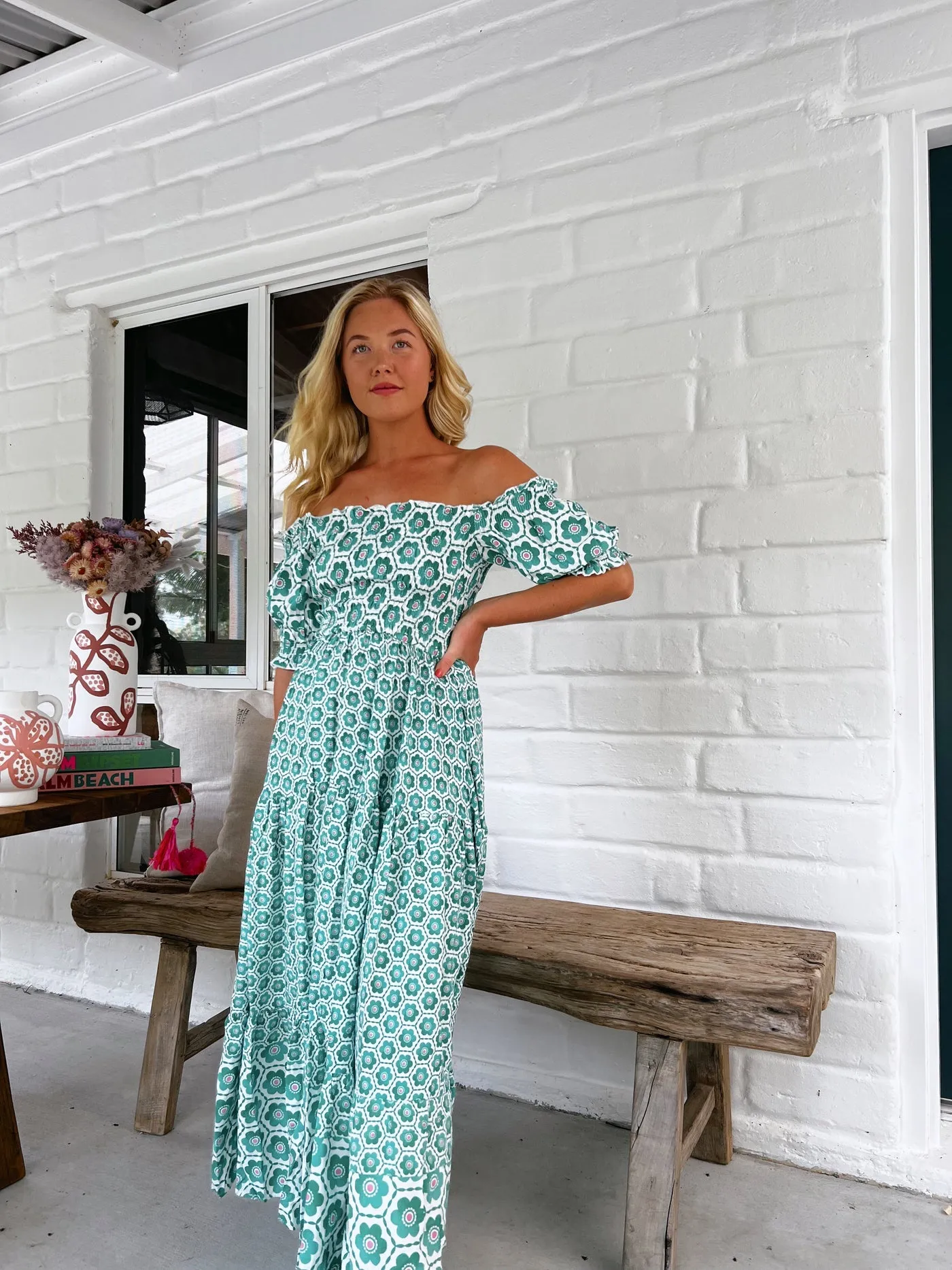 Jaase Claudette Maxi Dress With Shirred Bodice Puff Sleeve Off Shoulder Tiered Skirt - Watermelon Sugar