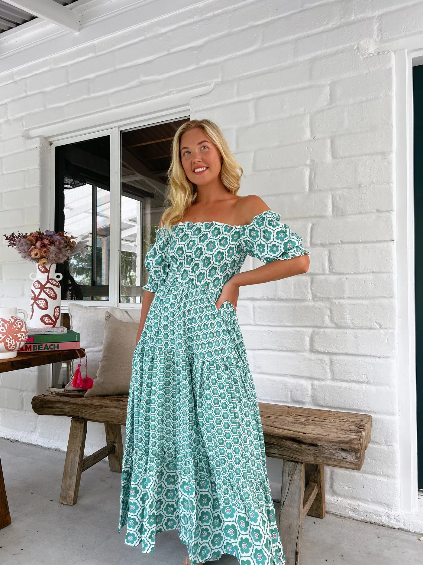 Jaase Claudette Maxi Dress With Shirred Bodice Puff Sleeve Off Shoulder Tiered Skirt - Watermelon Sugar