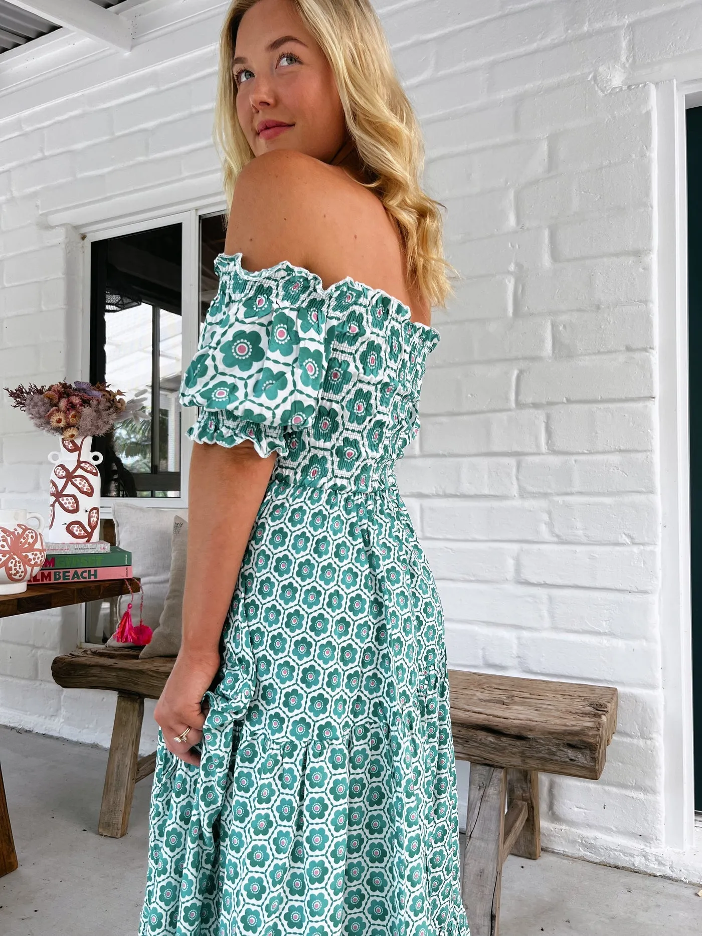Jaase Claudette Maxi Dress With Shirred Bodice Puff Sleeve Off Shoulder Tiered Skirt - Watermelon Sugar