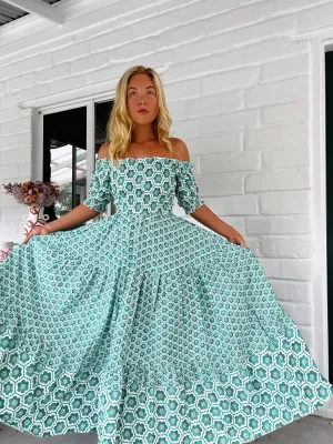 Jaase Claudette Maxi Dress With Shirred Bodice Puff Sleeve Off Shoulder Tiered Skirt - Watermelon Sugar