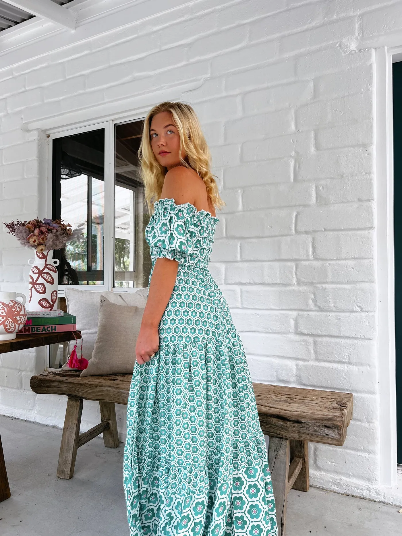 Jaase Claudette Maxi Dress With Shirred Bodice Puff Sleeve Off Shoulder Tiered Skirt - Watermelon Sugar