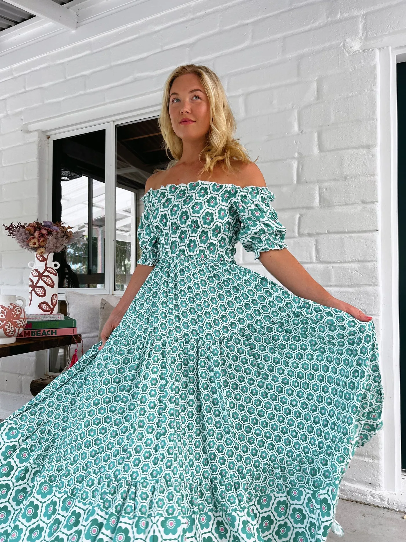 Jaase Claudette Maxi Dress With Shirred Bodice Puff Sleeve Off Shoulder Tiered Skirt - Watermelon Sugar