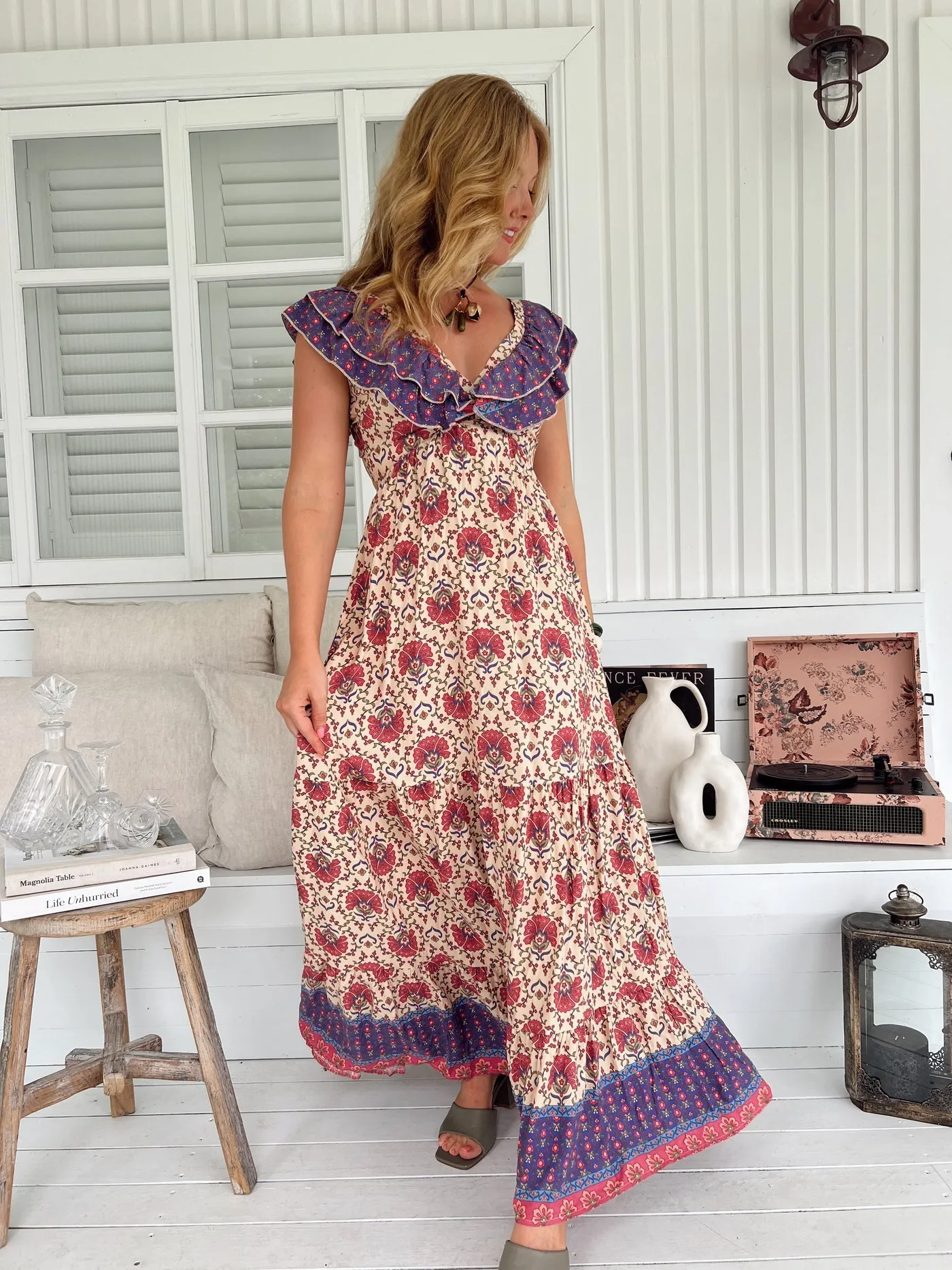 Jaase Ema Maxi Dress with Frilled V Neck Tie Back Full Skirt - Bohemia