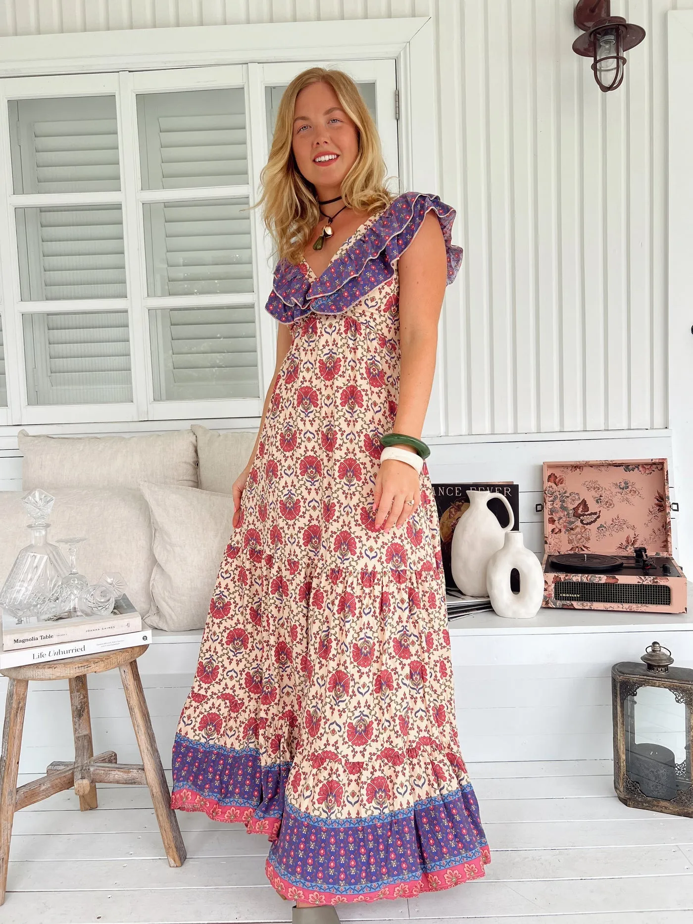 Jaase Ema Maxi Dress with Frilled V Neck Tie Back Full Skirt - Bohemia