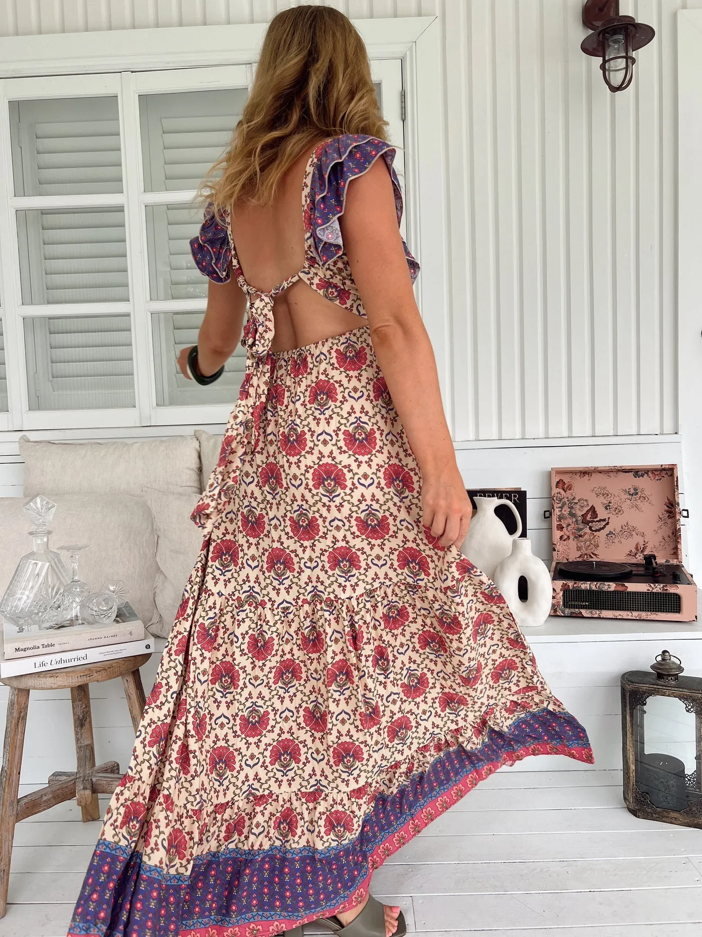 Jaase Ema Maxi Dress with Frilled V Neck Tie Back Full Skirt - Bohemia