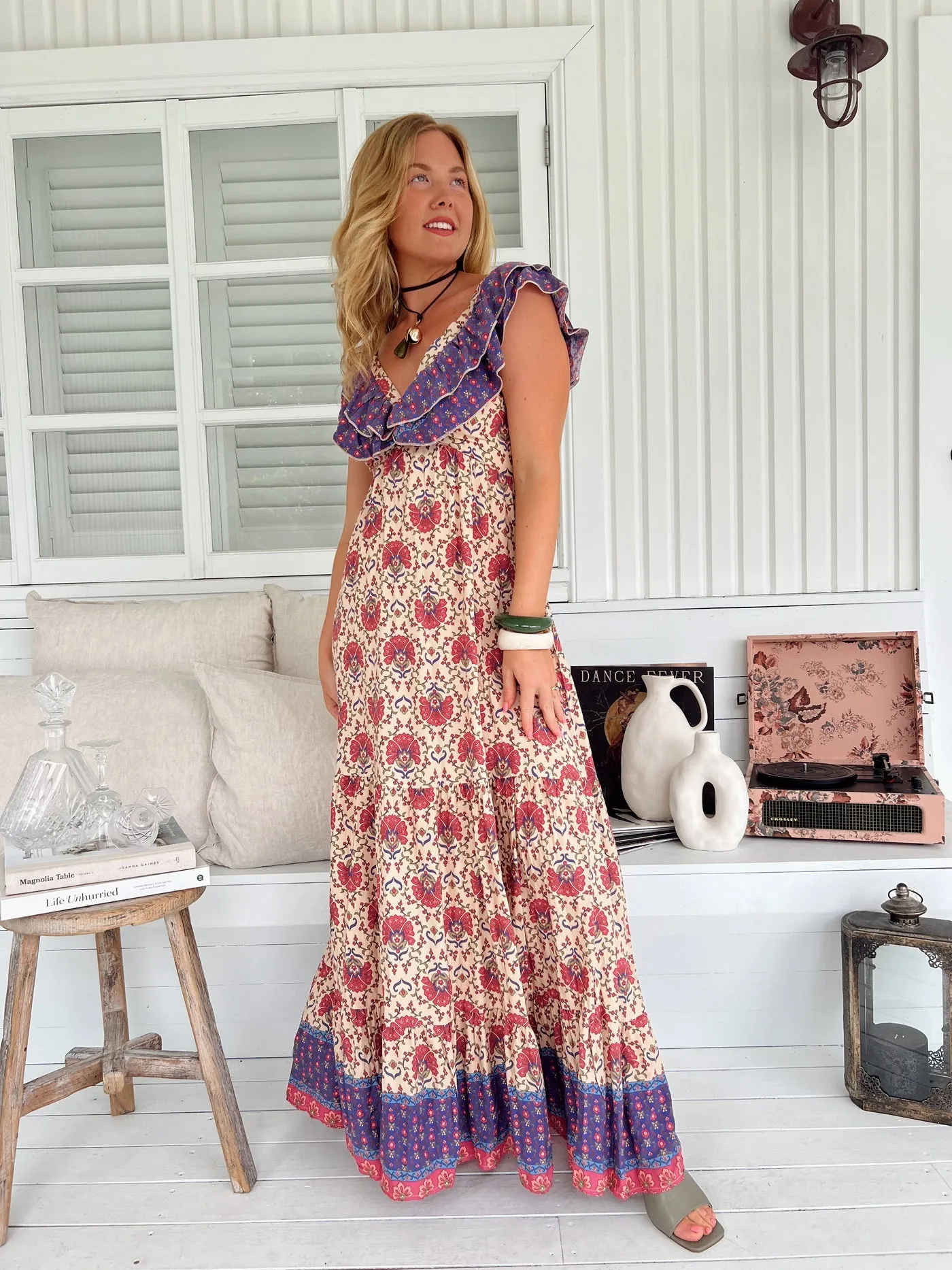 Jaase Ema Maxi Dress with Frilled V Neck Tie Back Full Skirt - Bohemia
