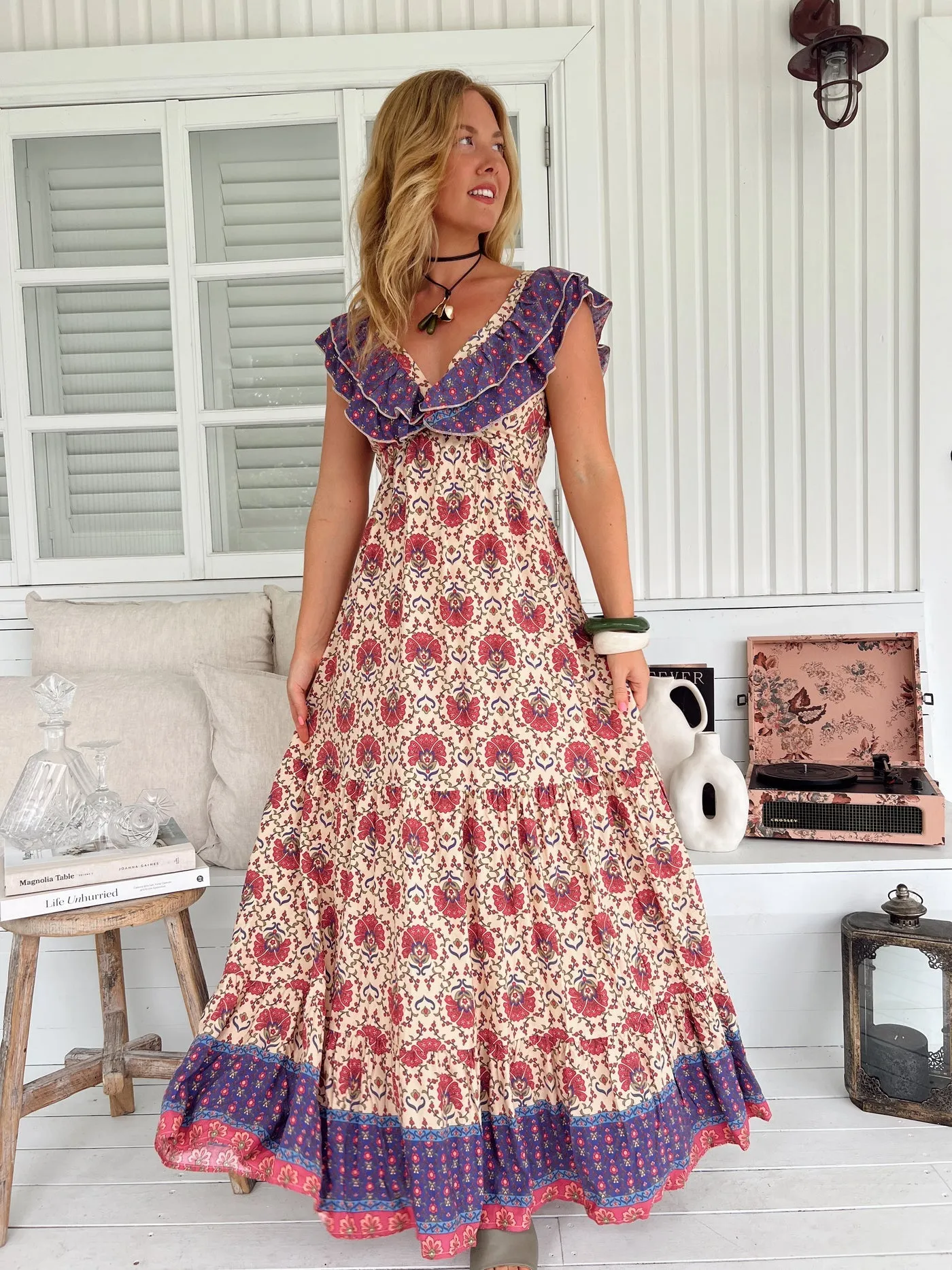 Jaase Ema Maxi Dress with Frilled V Neck Tie Back Full Skirt - Bohemia