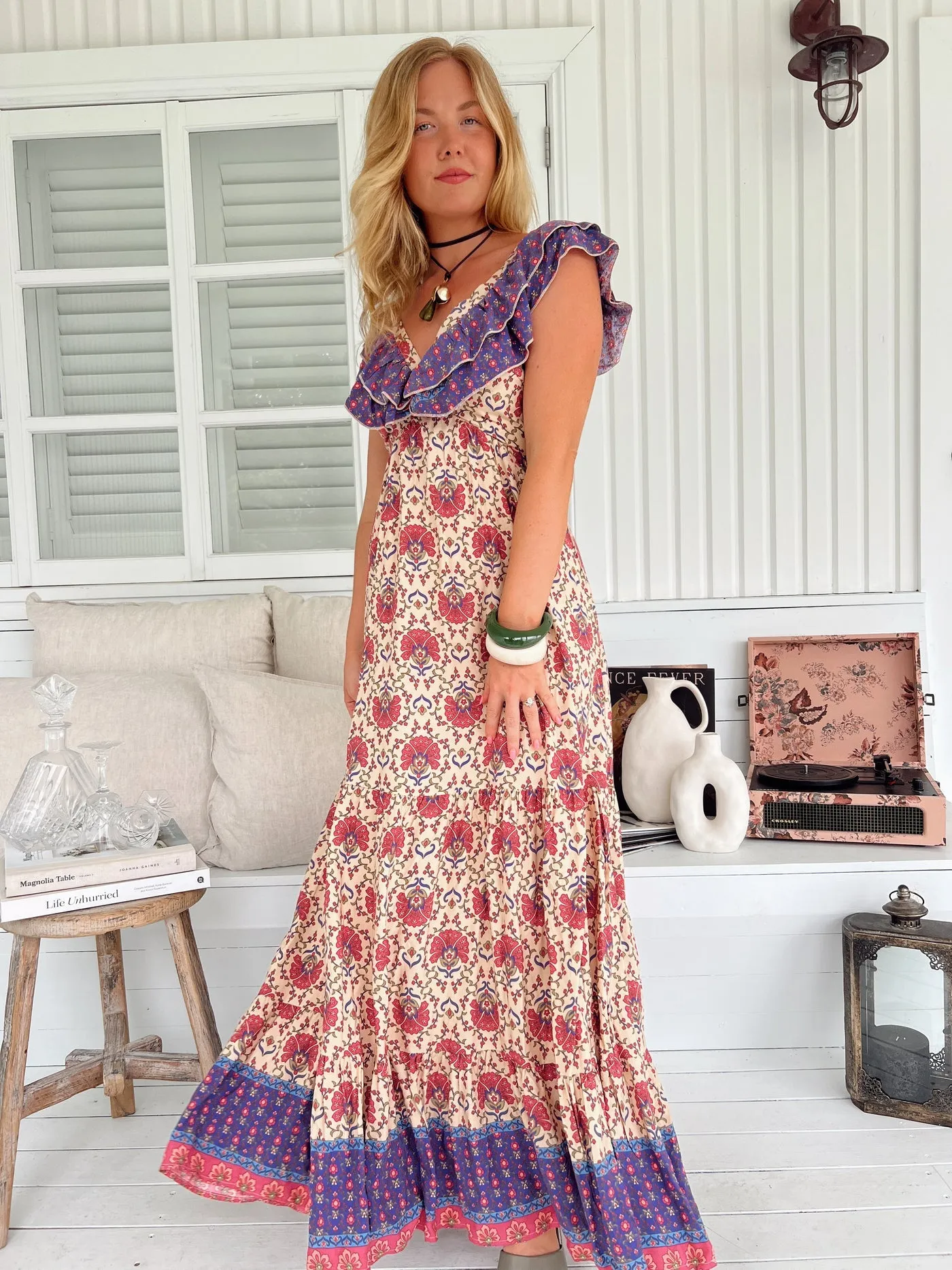 Jaase Ema Maxi Dress with Frilled V Neck Tie Back Full Skirt - Bohemia