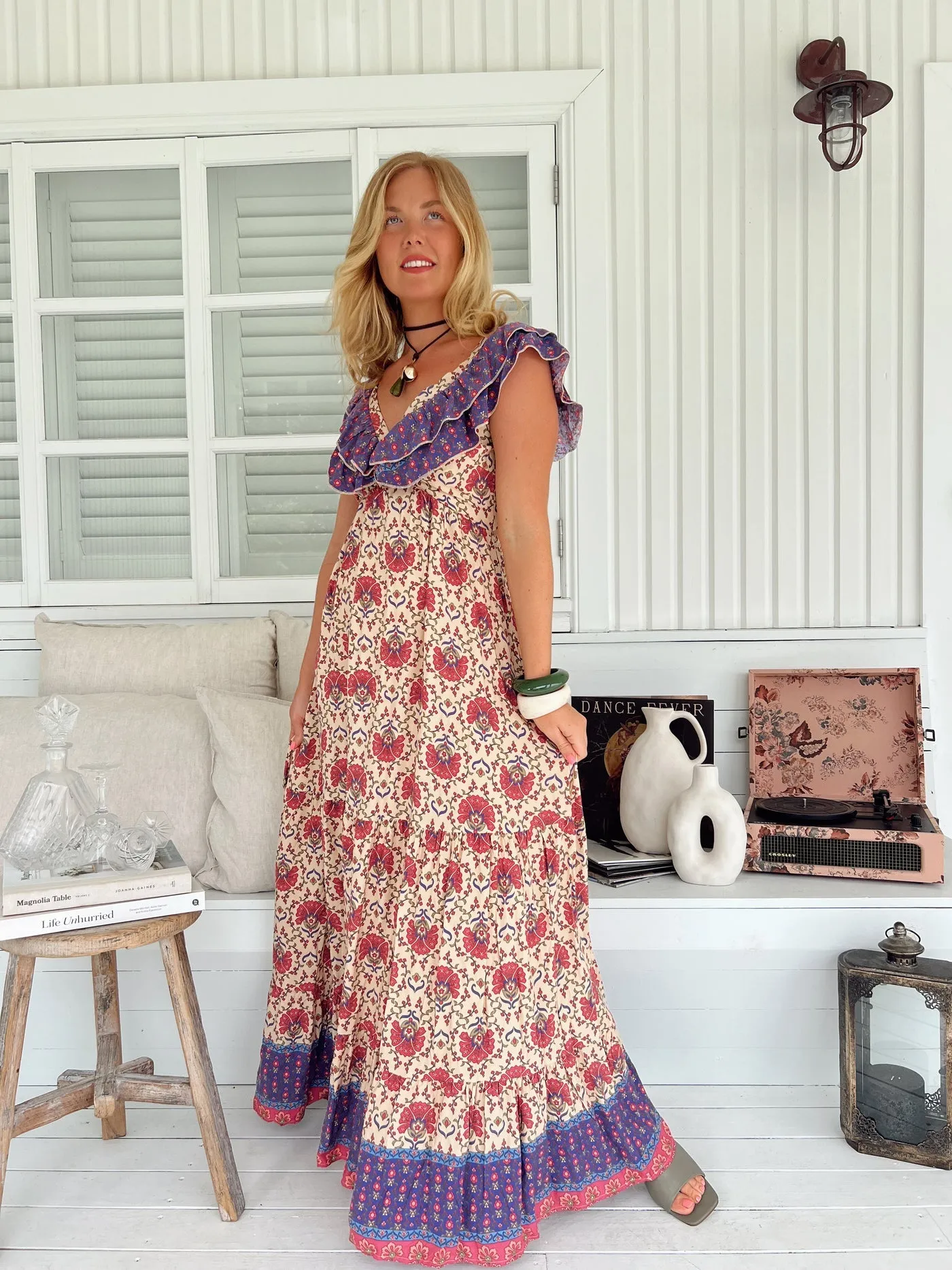 Jaase Ema Maxi Dress with Frilled V Neck Tie Back Full Skirt - Bohemia