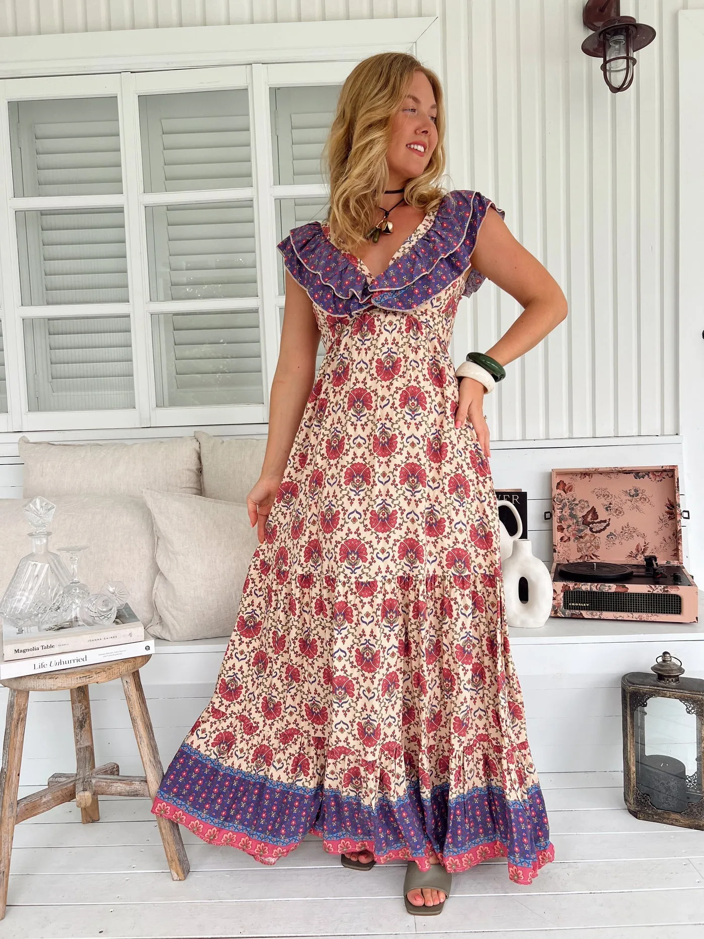 Jaase Ema Maxi Dress with Frilled V Neck Tie Back Full Skirt - Bohemia