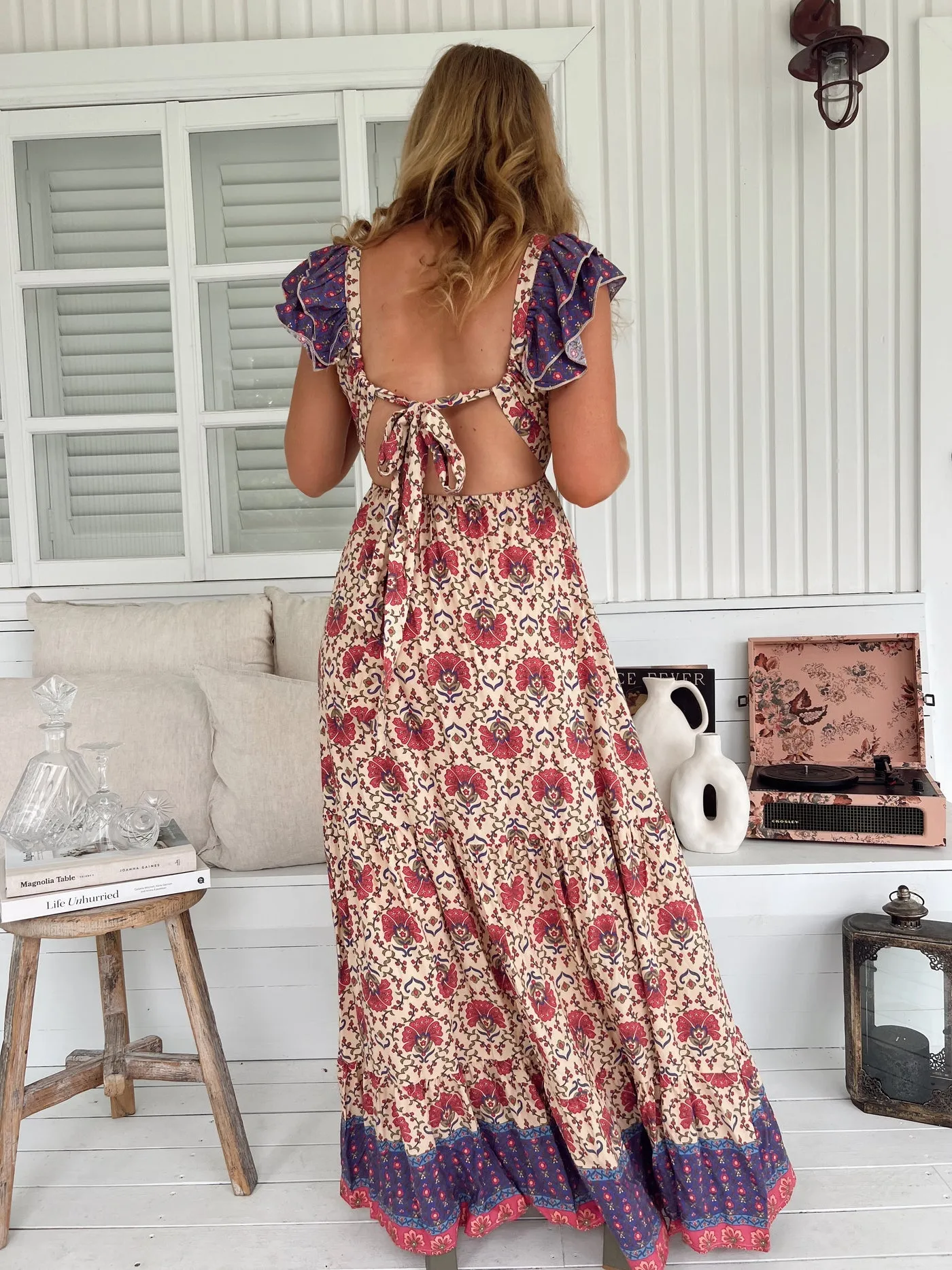 Jaase Ema Maxi Dress with Frilled V Neck Tie Back Full Skirt - Bohemia