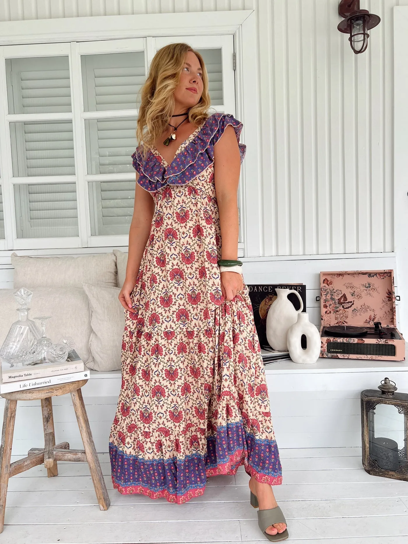 Jaase Ema Maxi Dress with Frilled V Neck Tie Back Full Skirt - Bohemia