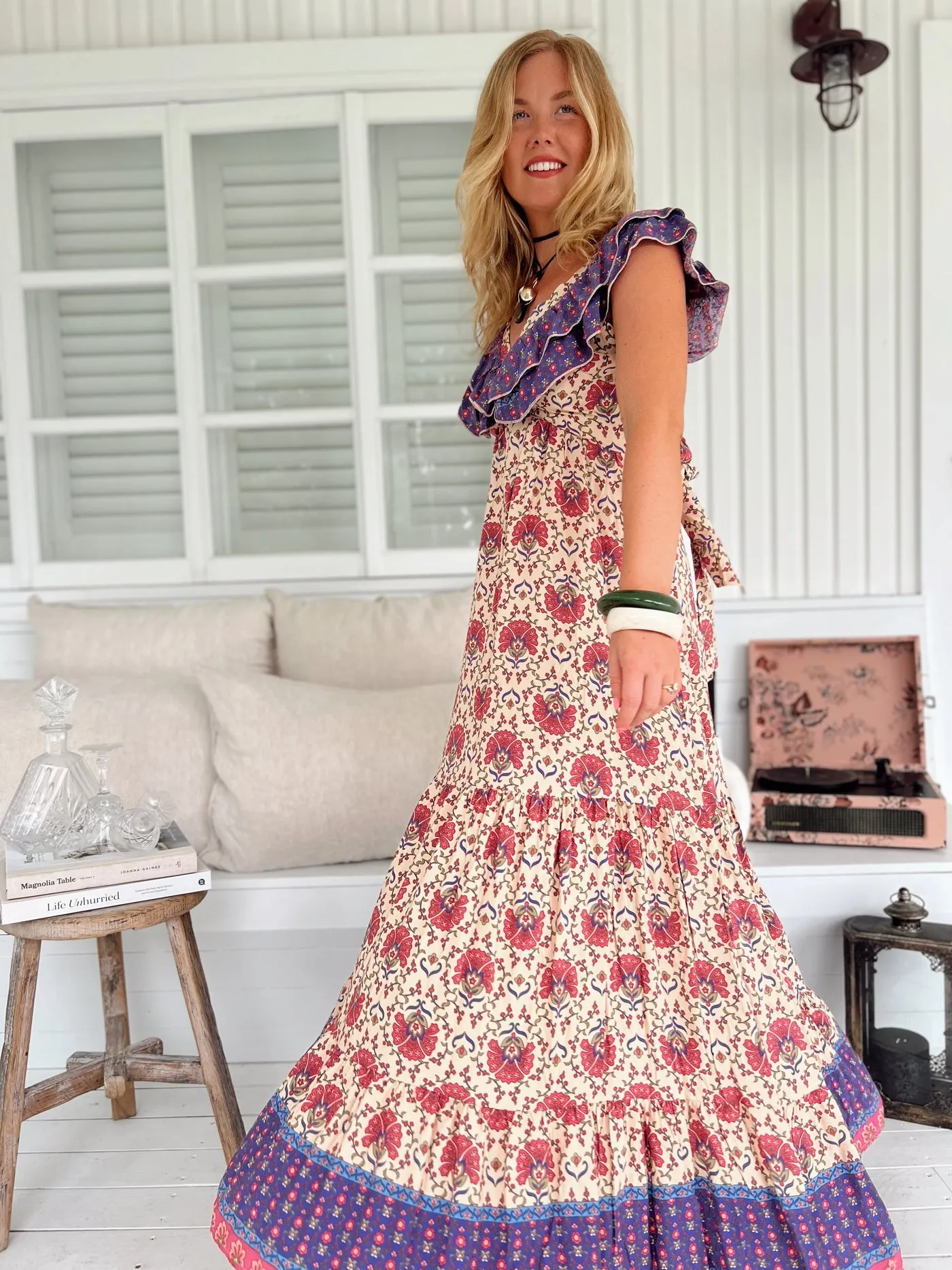Jaase Ema Maxi Dress with Frilled V Neck Tie Back Full Skirt - Bohemia